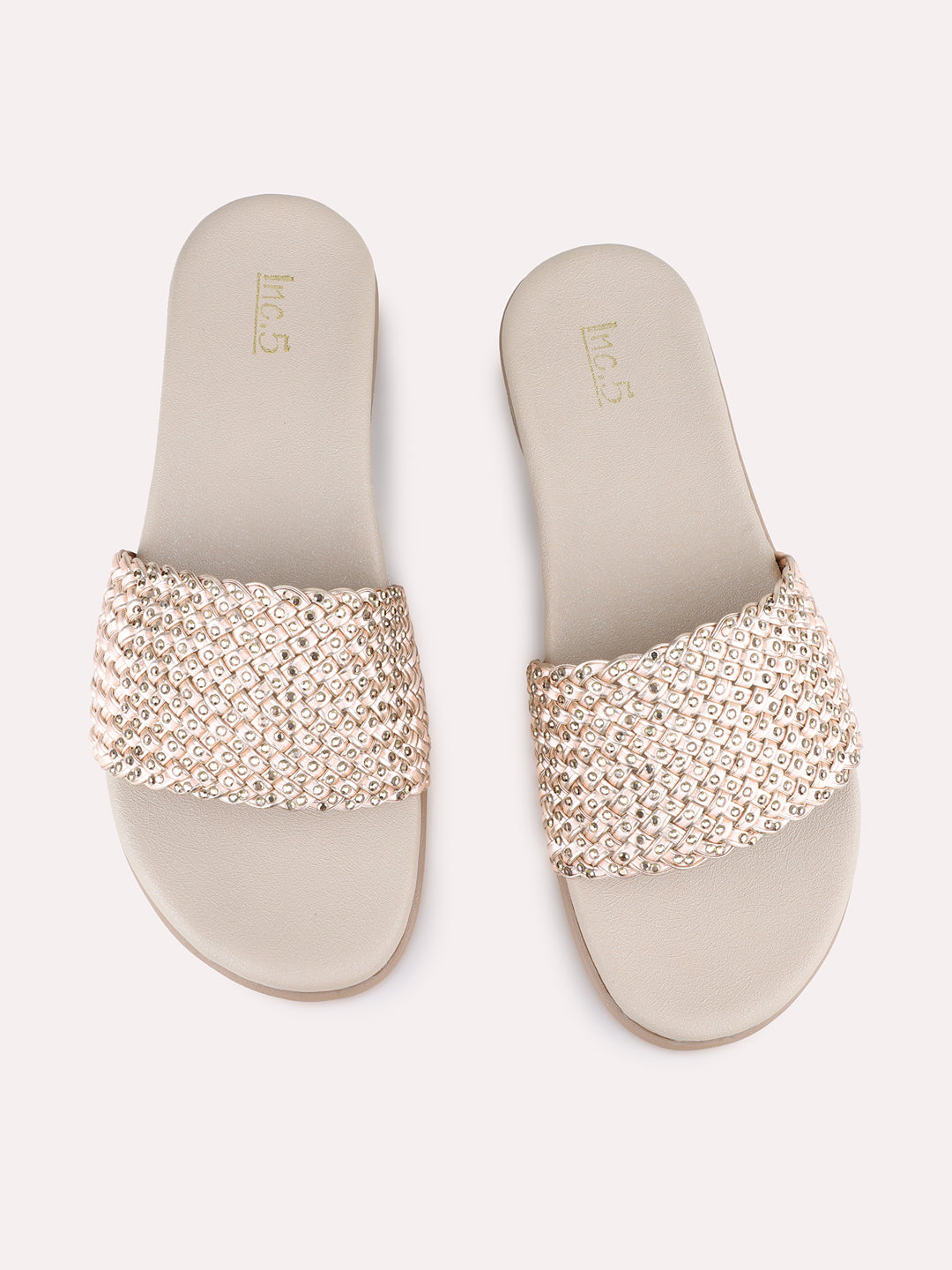 Womens Rose Gold Ethnic Embellished Open Toe Flats