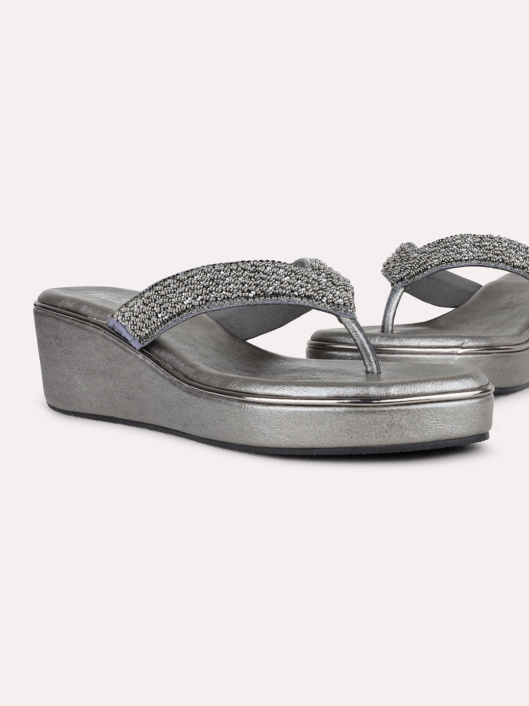 Womens Pewter Ethnic Embellished Wedges Heel Sandal