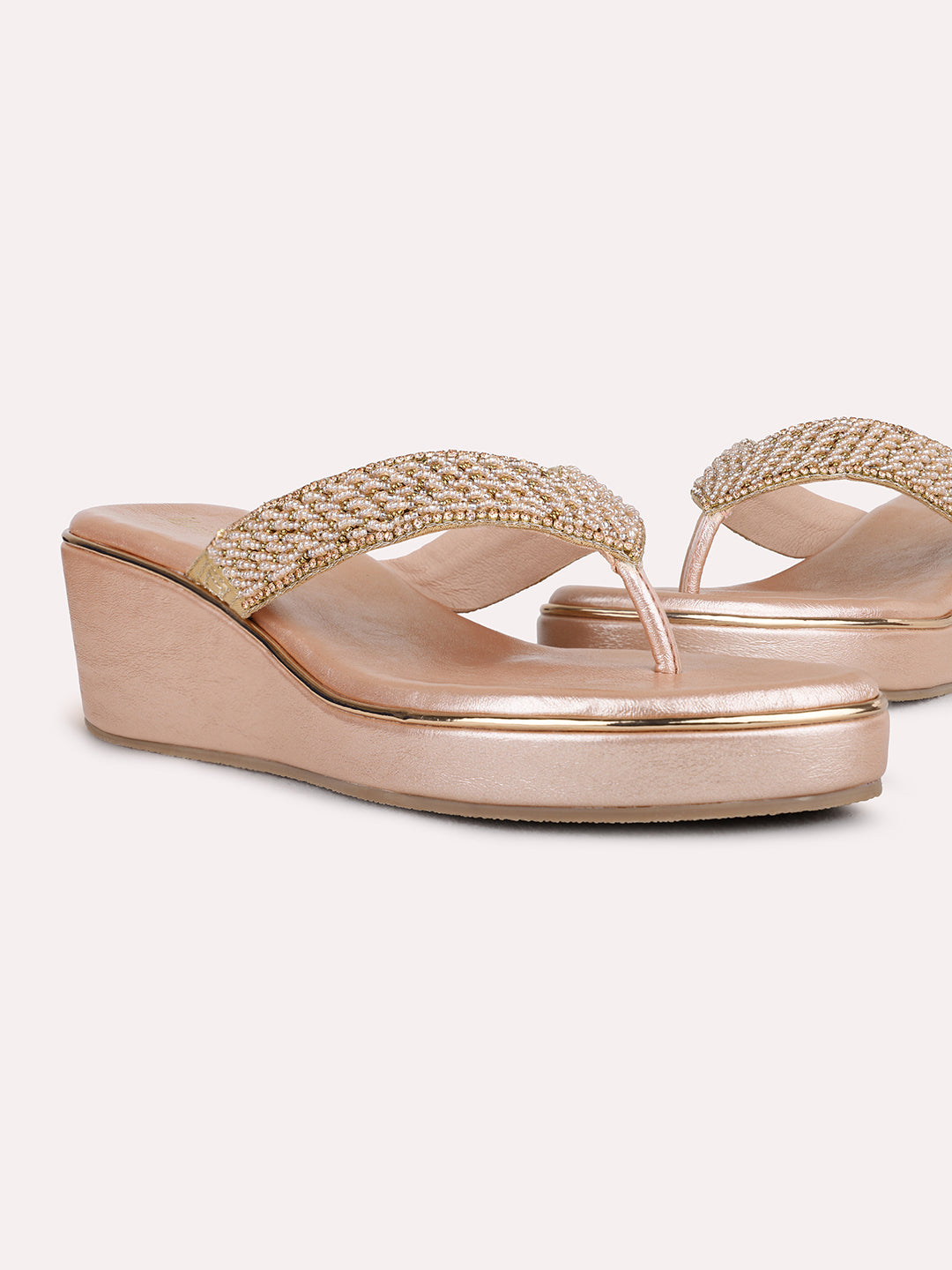 Womens Rose Gold Ethnic Embellished Pattern Wedge Heel Sandals