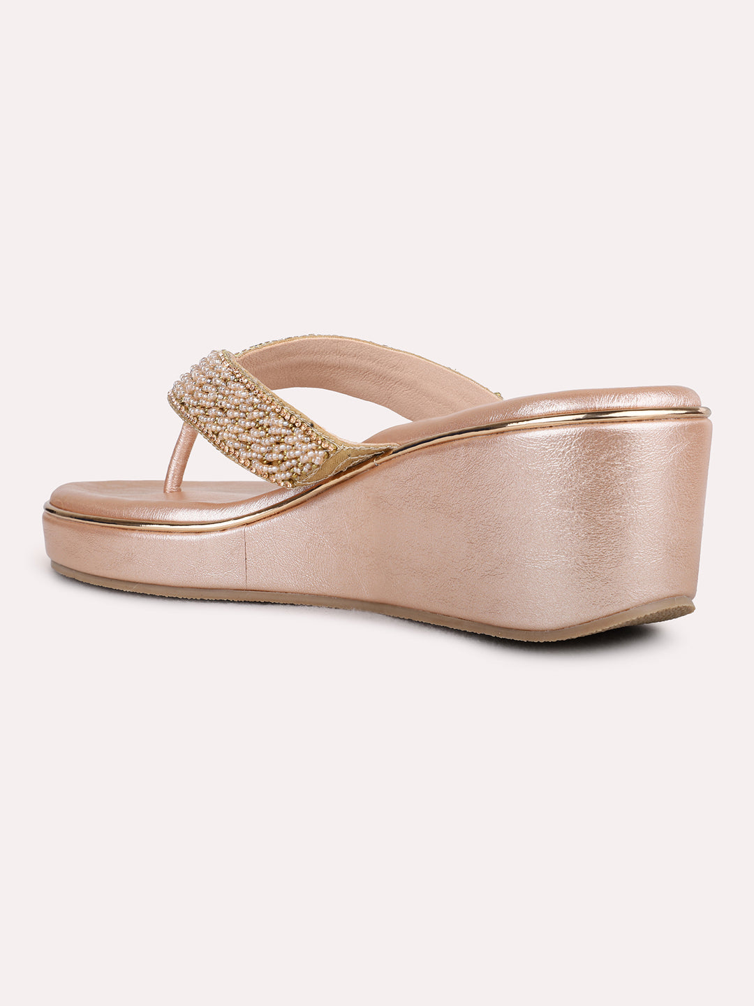Womens Rose Gold Ethnic Embellished Round Toe Wedge Heels