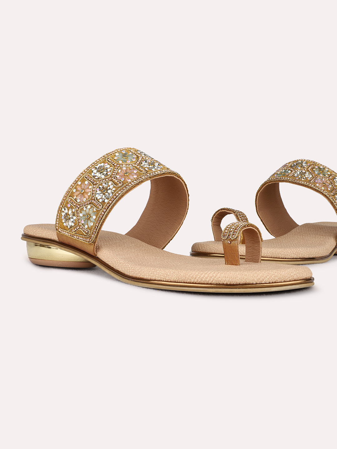 Womens Golden Ethnic Wear Embellished Pattern Round Toe Block Heel Sandals