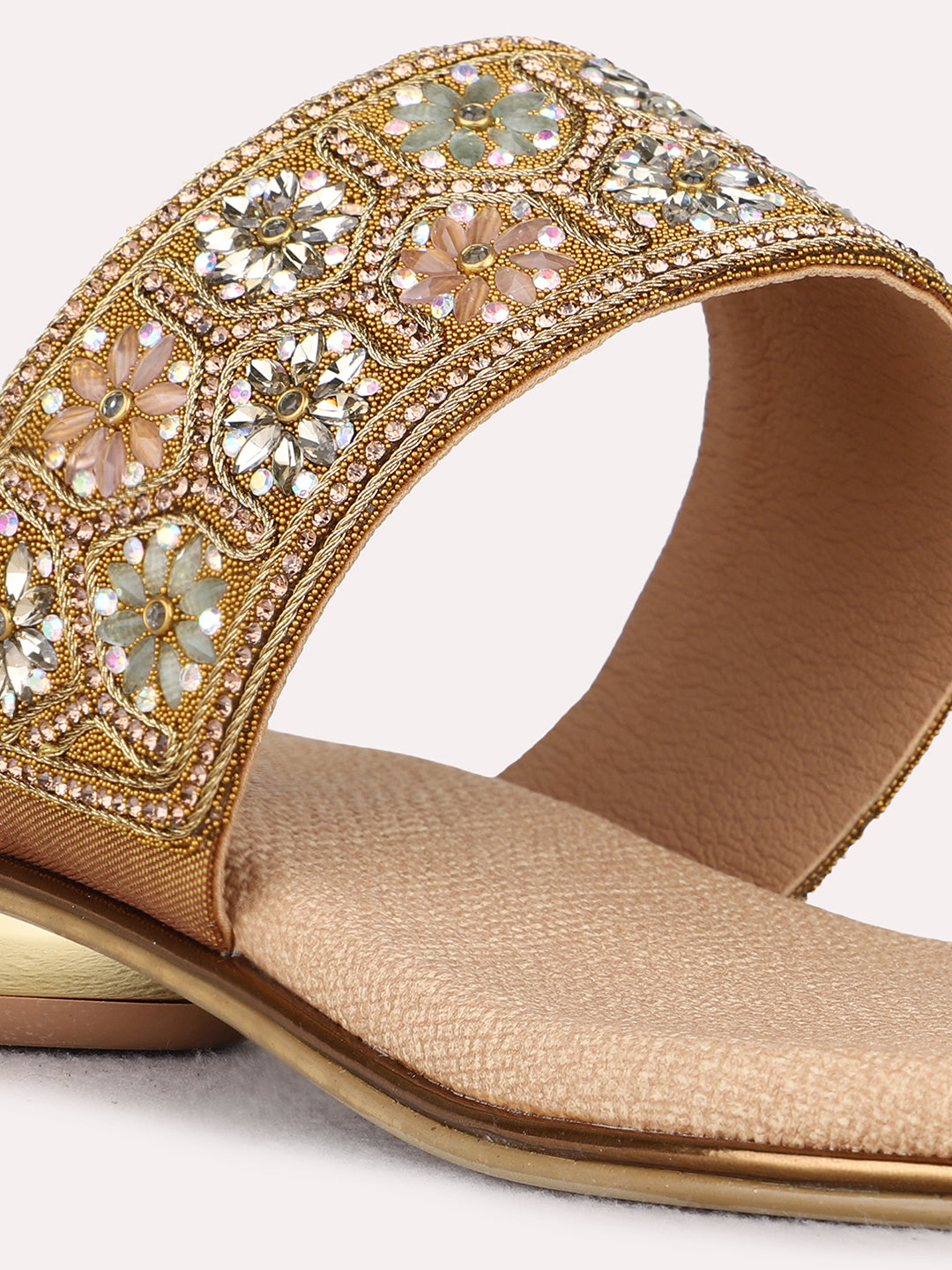 Womens Golden Ethnic Wear Embellished Pattern Round Toe Block Heel Sandals