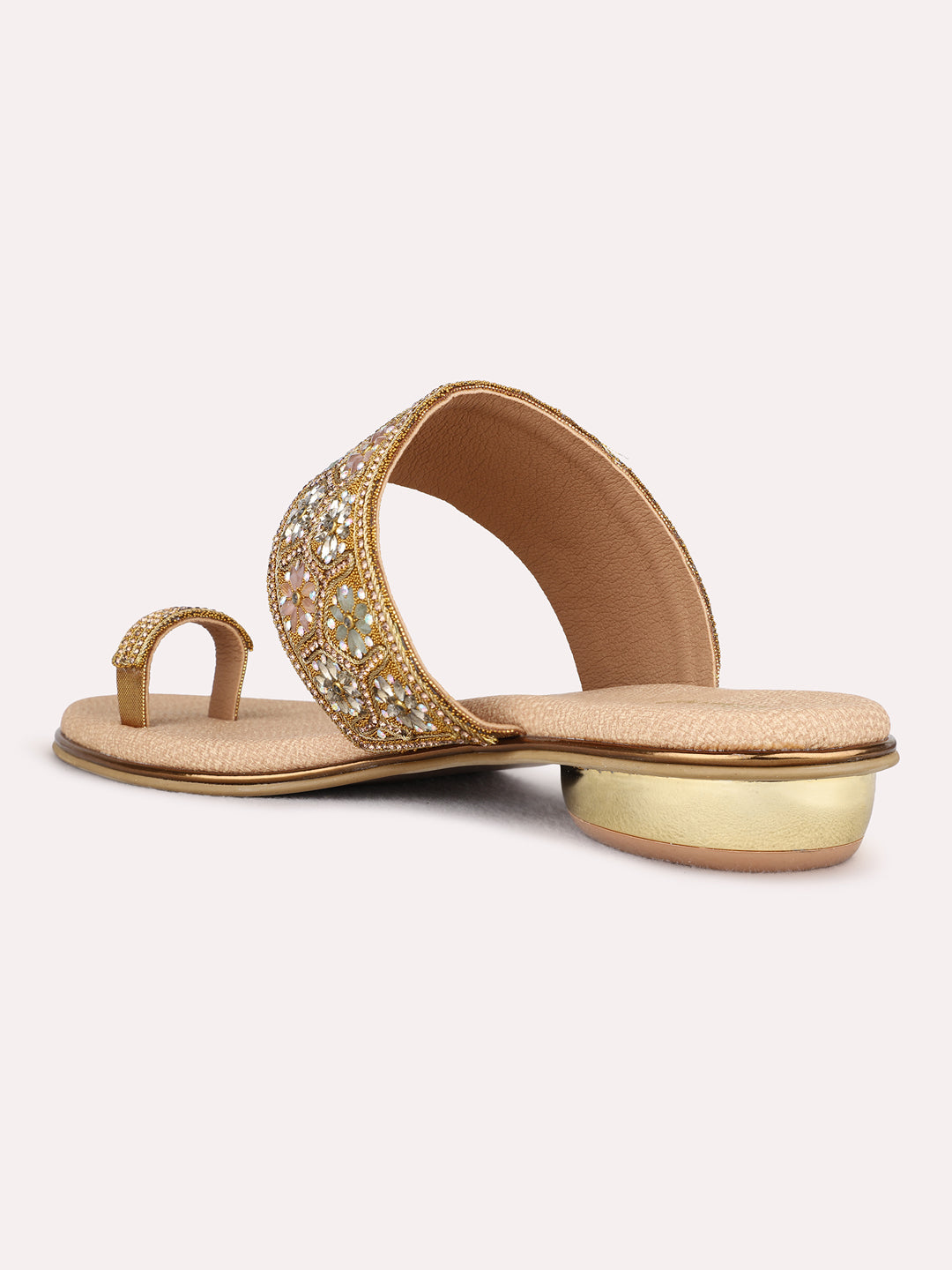 Womens Golden Ethnic Wear Embellished Pattern Round Toe Block Heel Sandals