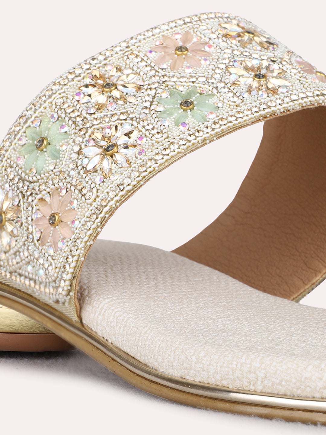 Womens Golden Ethnic Wear Embellished Round Toe Block Heel Sandals