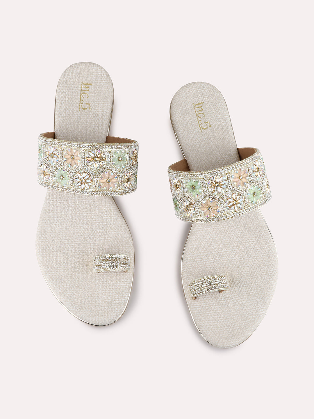Womens Golden Ethnic Wear Embellished Round Toe Block Heels