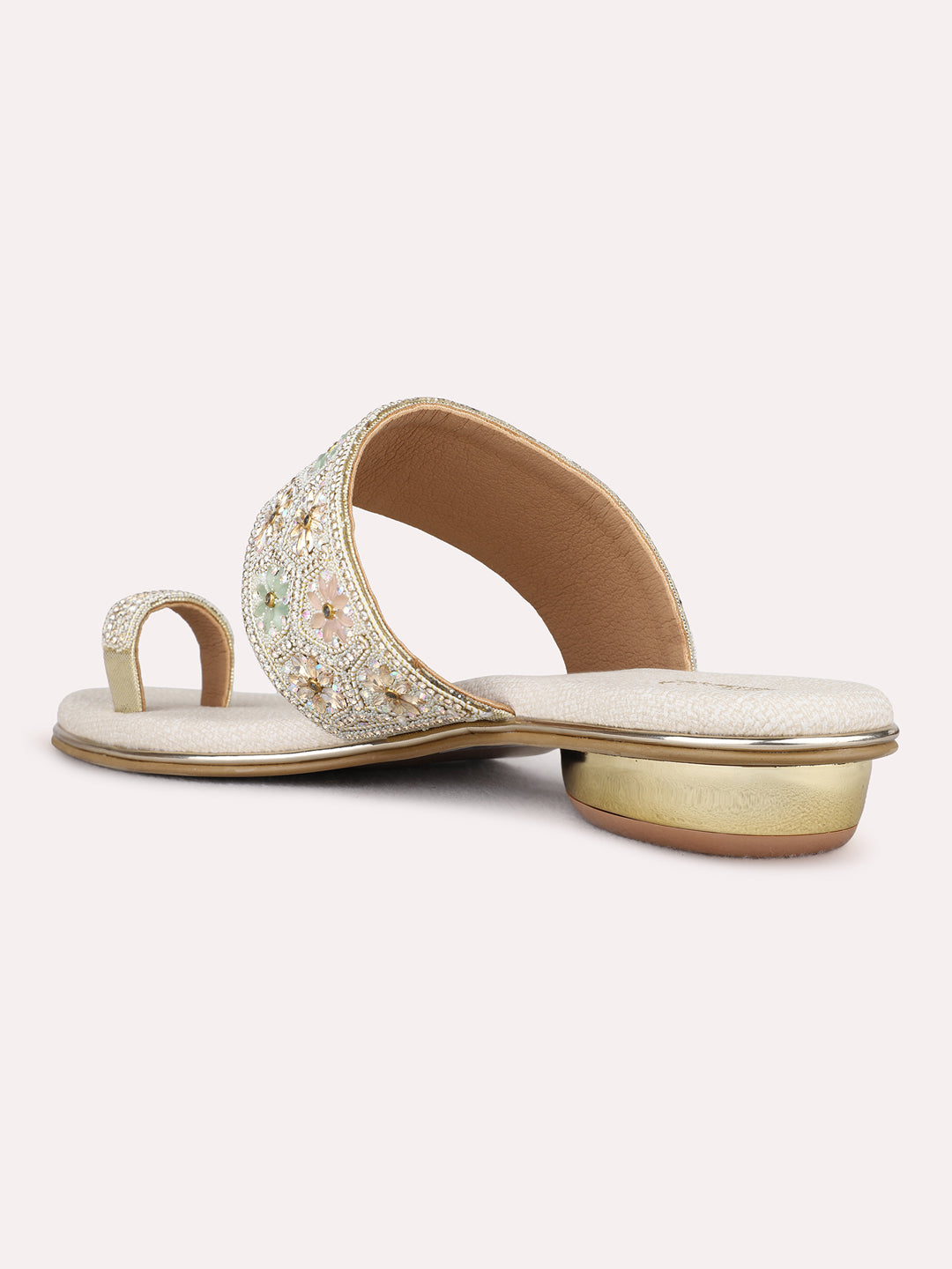 Womens Golden Ethnic Wear Embellished Round Toe Block Heel Sandals