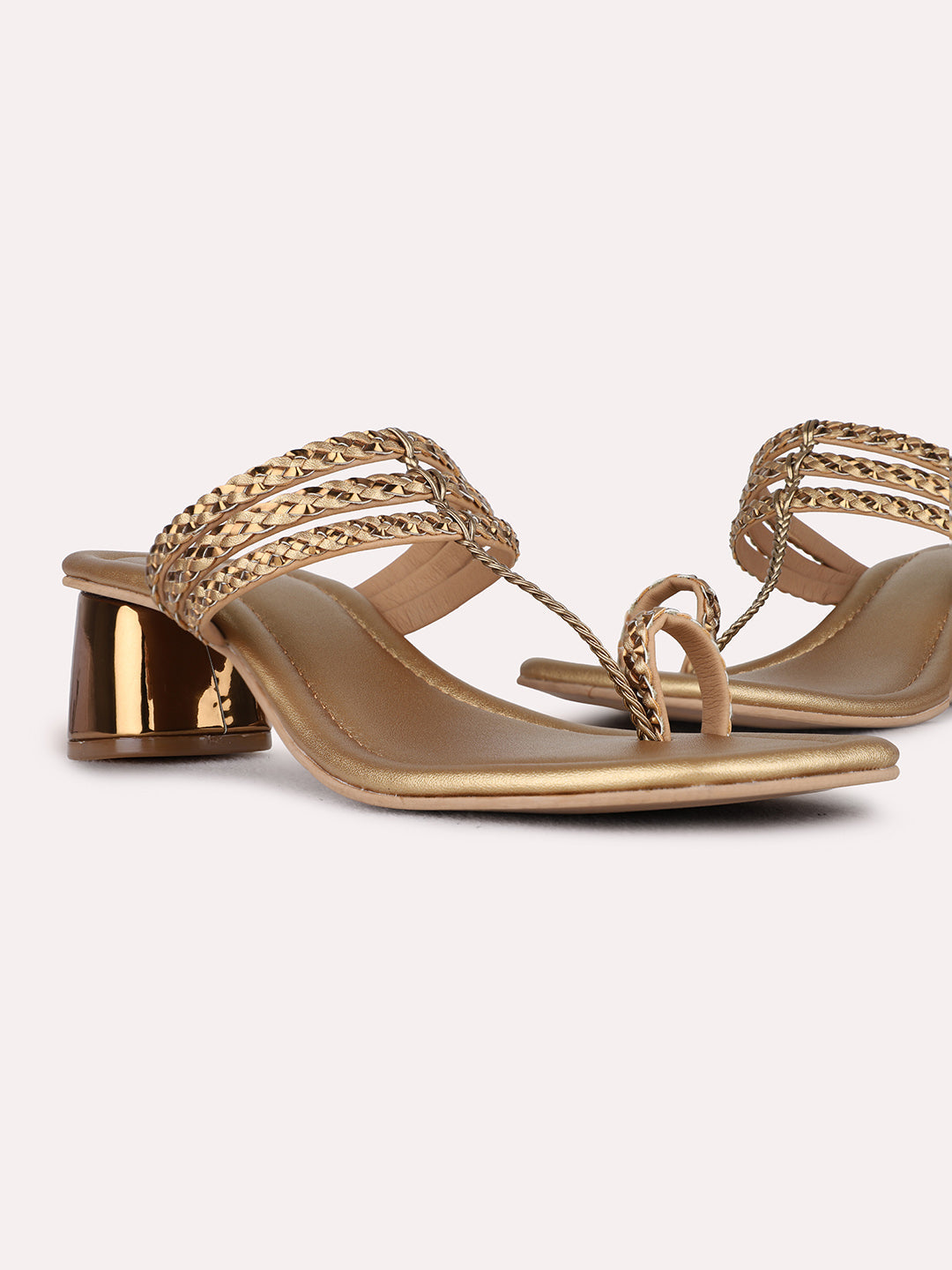 Womens Golden Party Wear Striped Round Toe Block Heels