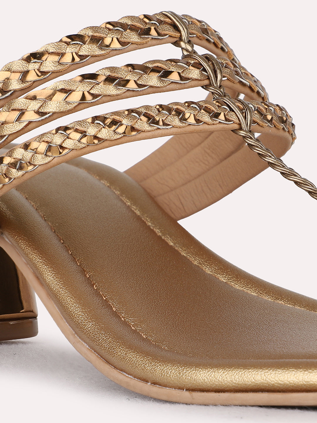 Womens Golden Party Wear Striped Round Toe Block Heels