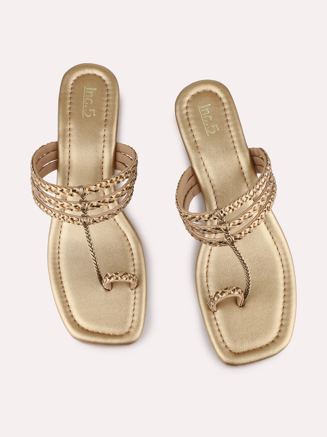 Womens Golden Party Wear Striped Round Toe Block Heels