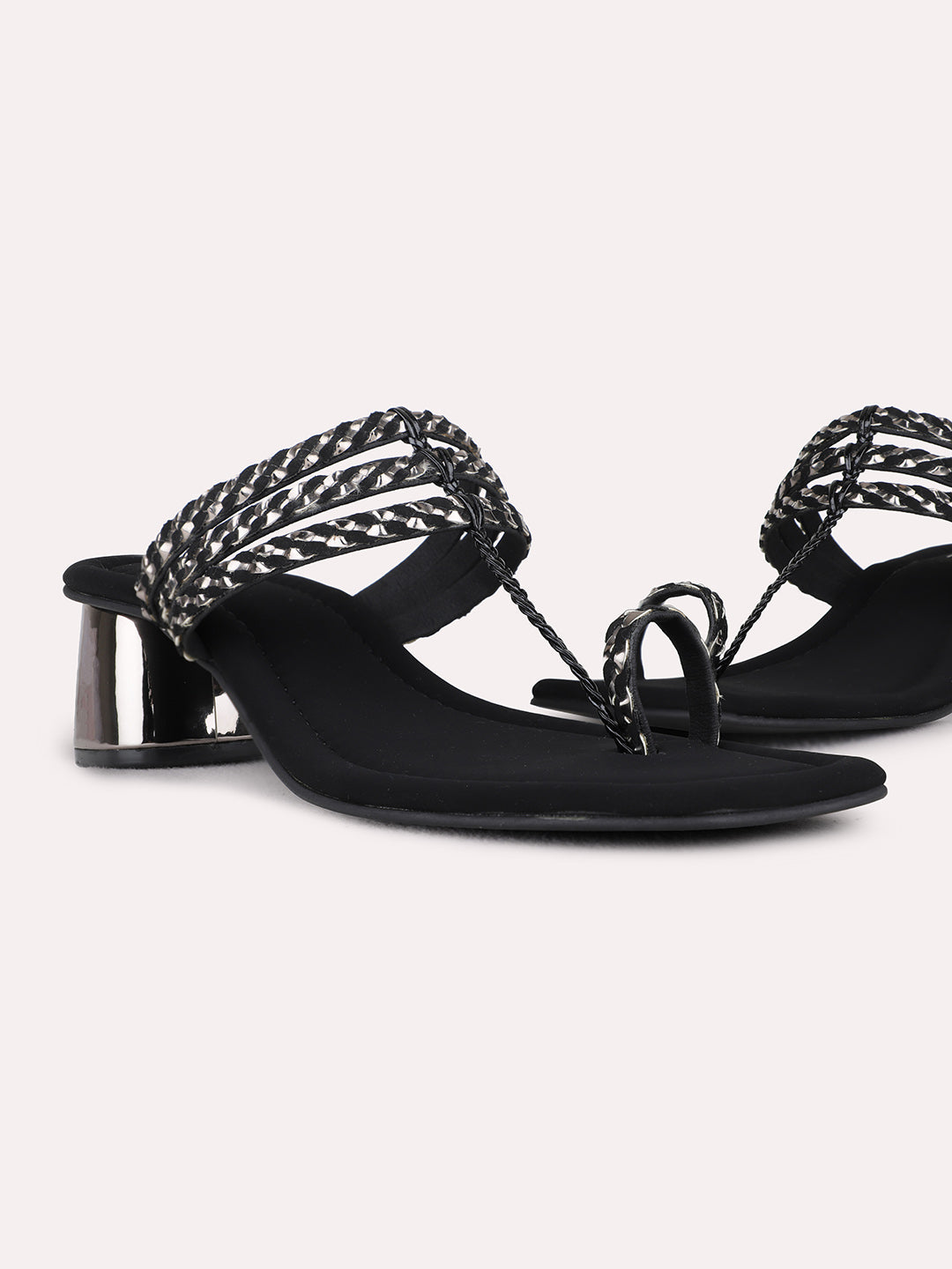 Womens Black Party Wear Striped Round Toe Block Heel Sandals