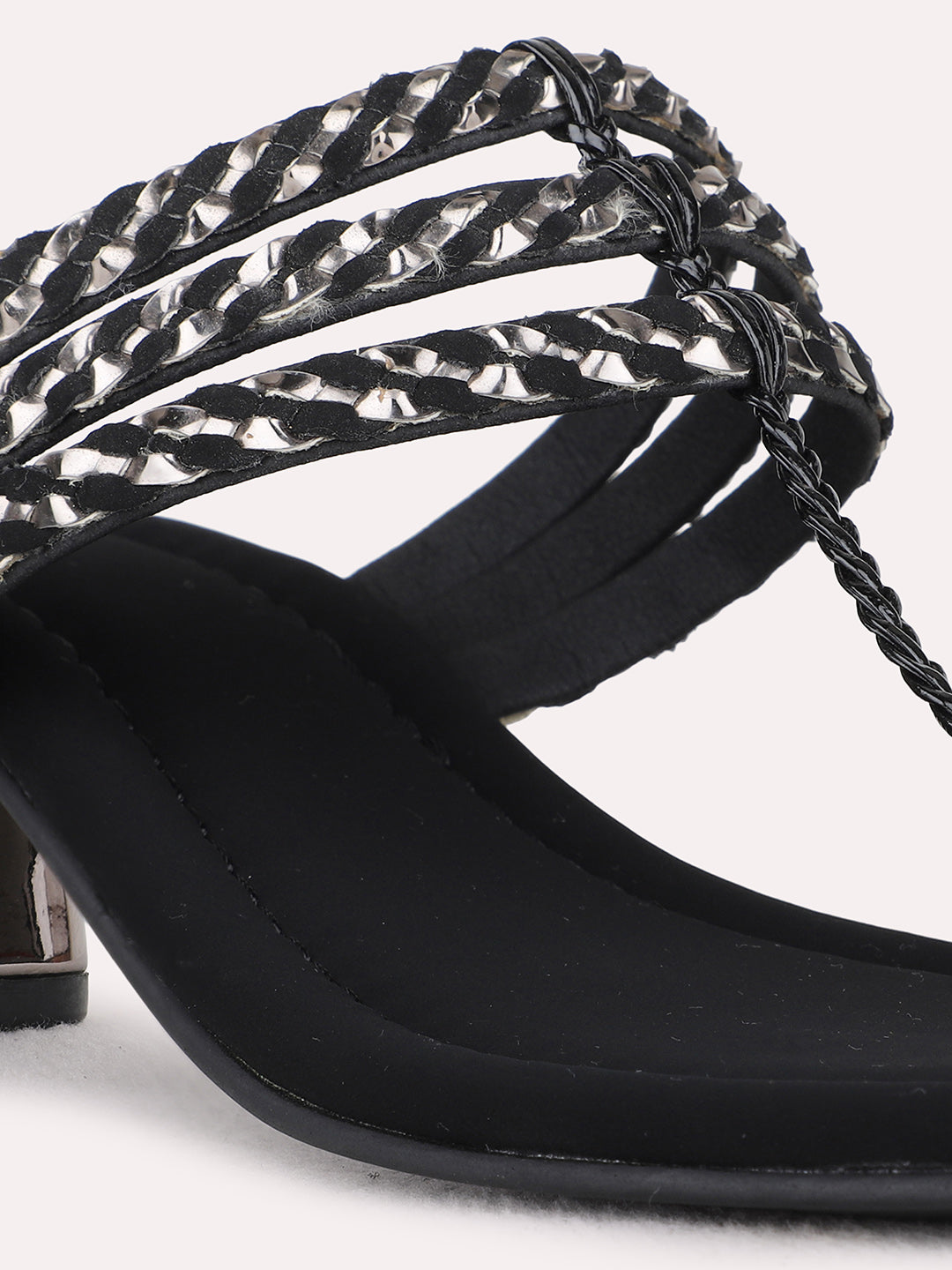 Womens Black Party Wear Striped Round Toe Block Heel Sandals