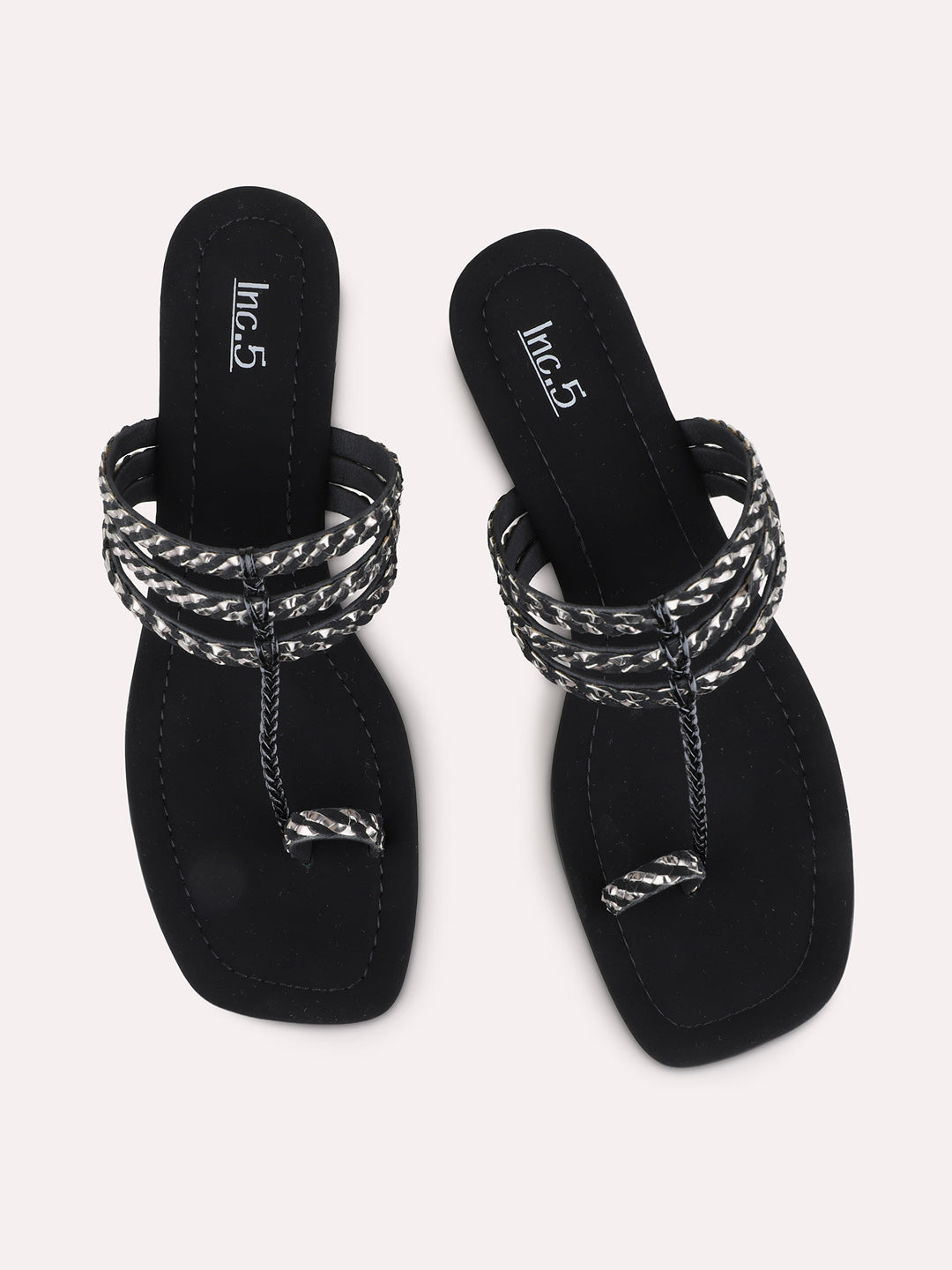 Womens Black Party Wear Striped Round Toe Block Heel Sandals