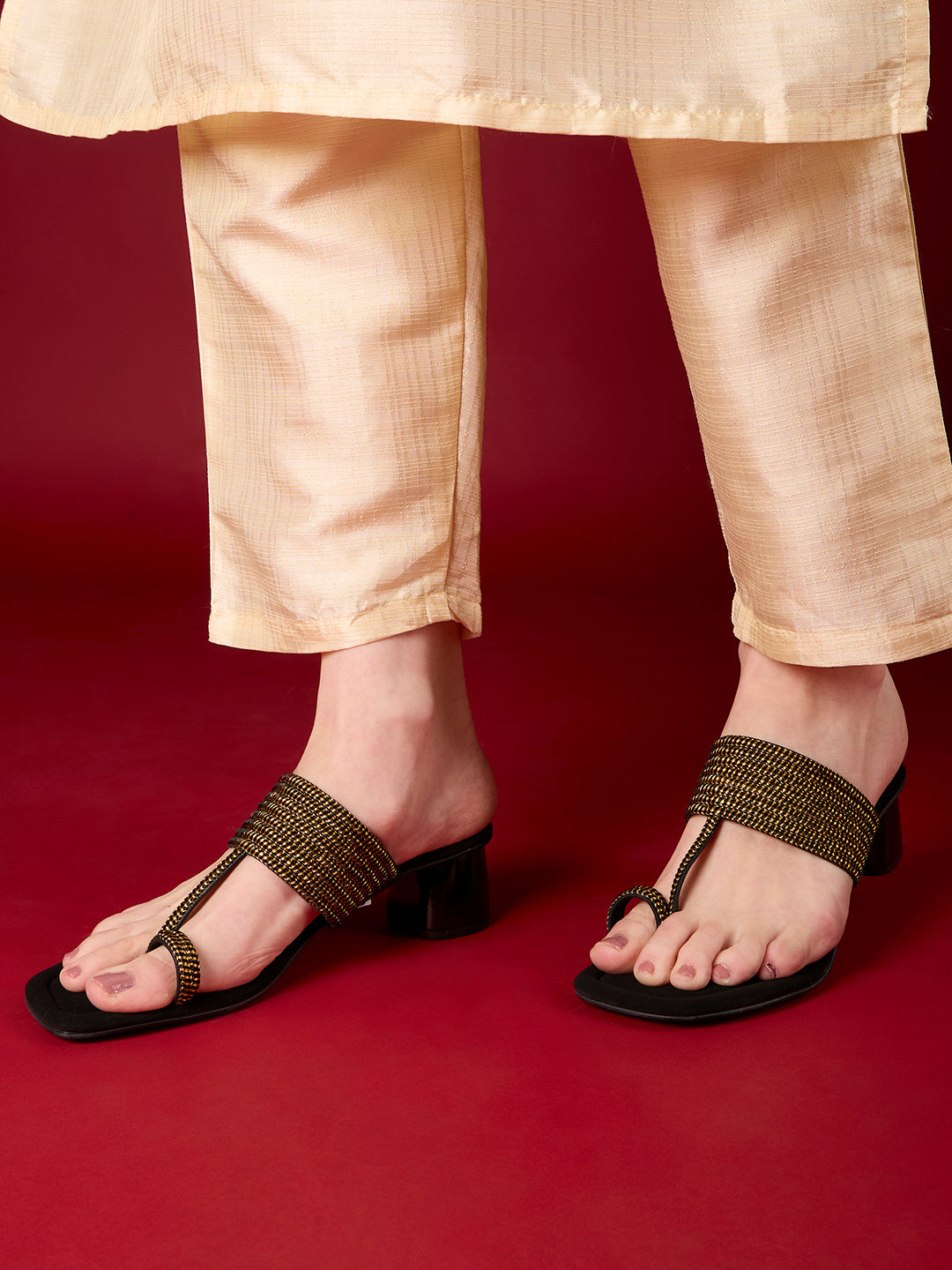 Womens Black Ethnic Wear Embellished Square Toe Heel Sandals