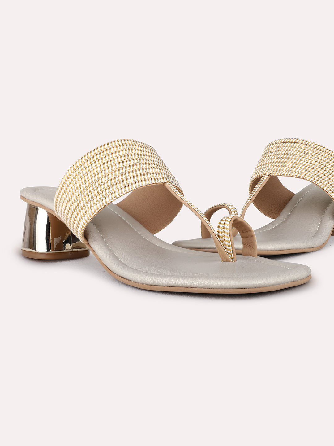 Womens Golden Ethnic Wear Embellished Square Toe Block Heels