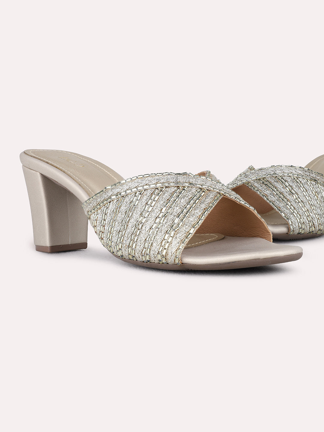 Womens Golden Party Wear Embellished Round Toe Block Heel Sandals