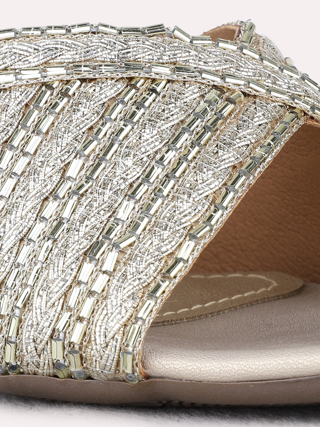 Womens Golden Party Wear Embellished Round Toe Block Heel Sandals