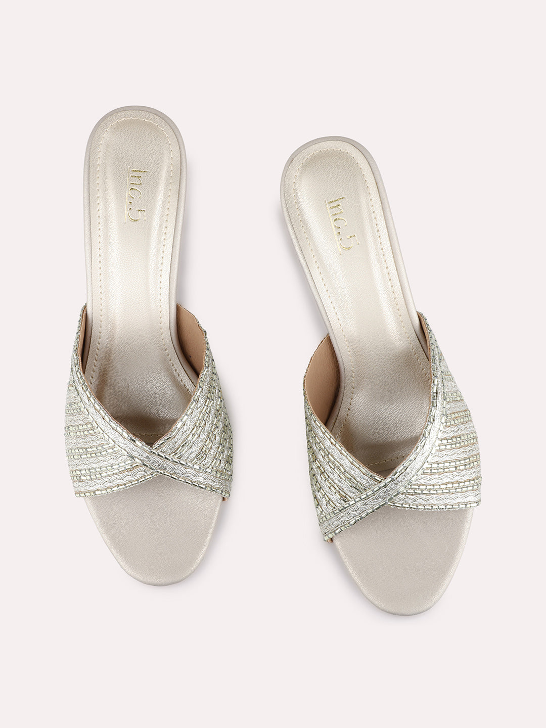 Womens Golden Party Wear Embellished Round Toe Block Heel Sandals