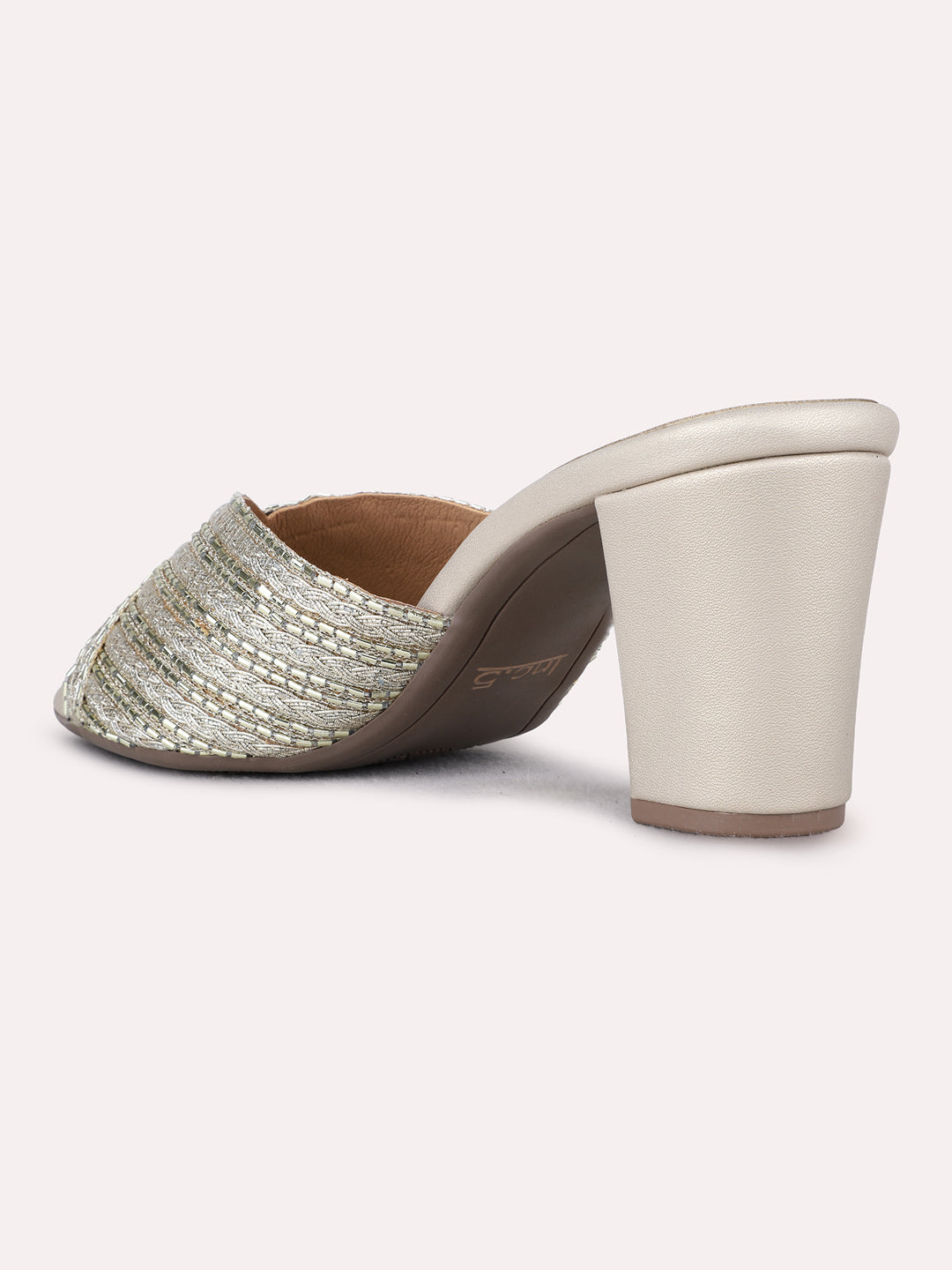 Womens Golden Party Wear Embellished Round Toe Block Heel Sandals