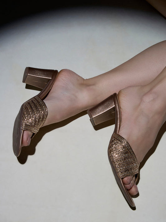 Womens Rose Gold Party Wear Embellished Round Toe Block Heels