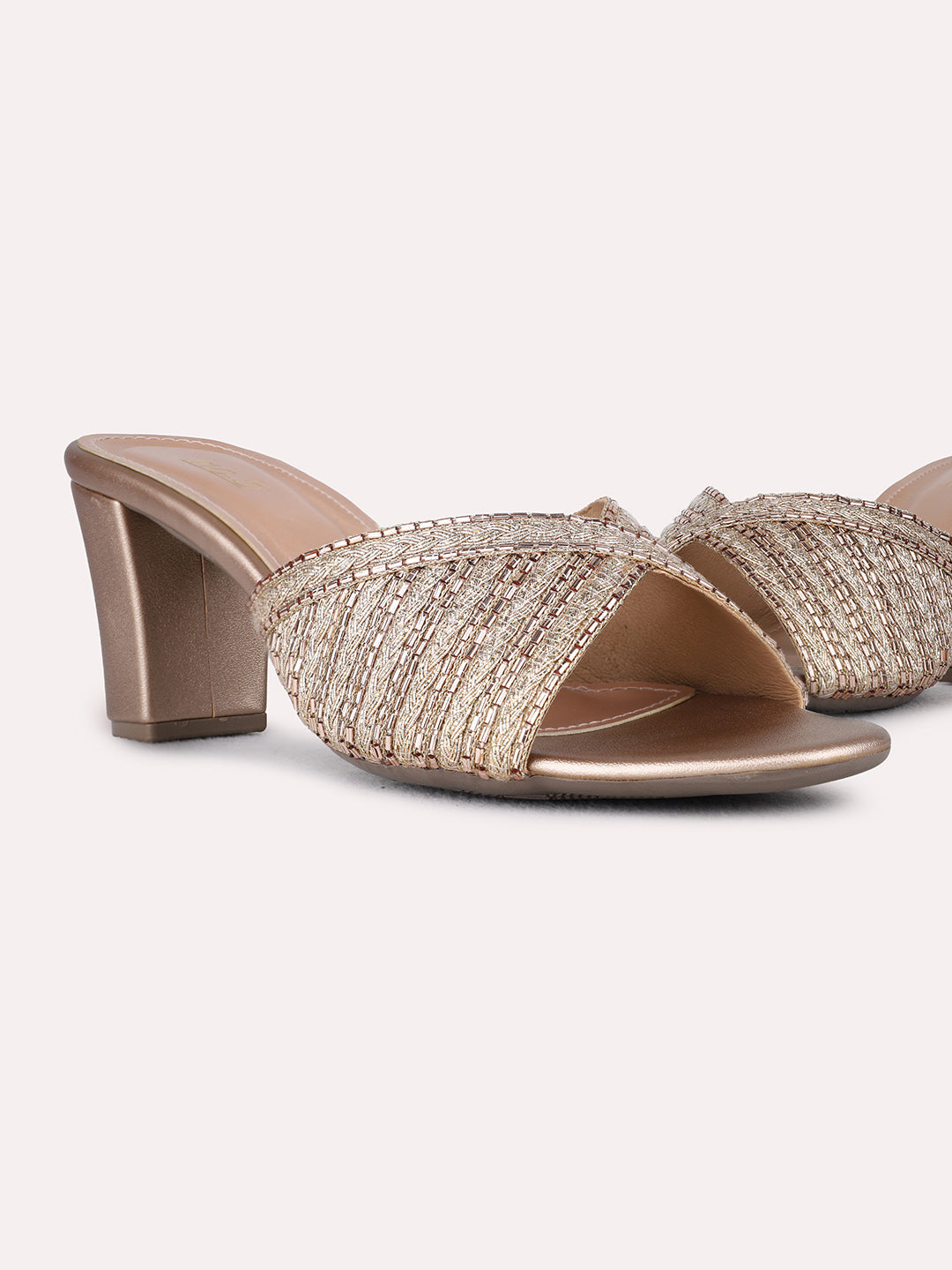Womens Rose Gold Party Wear Embellished Round Toe Block Heels