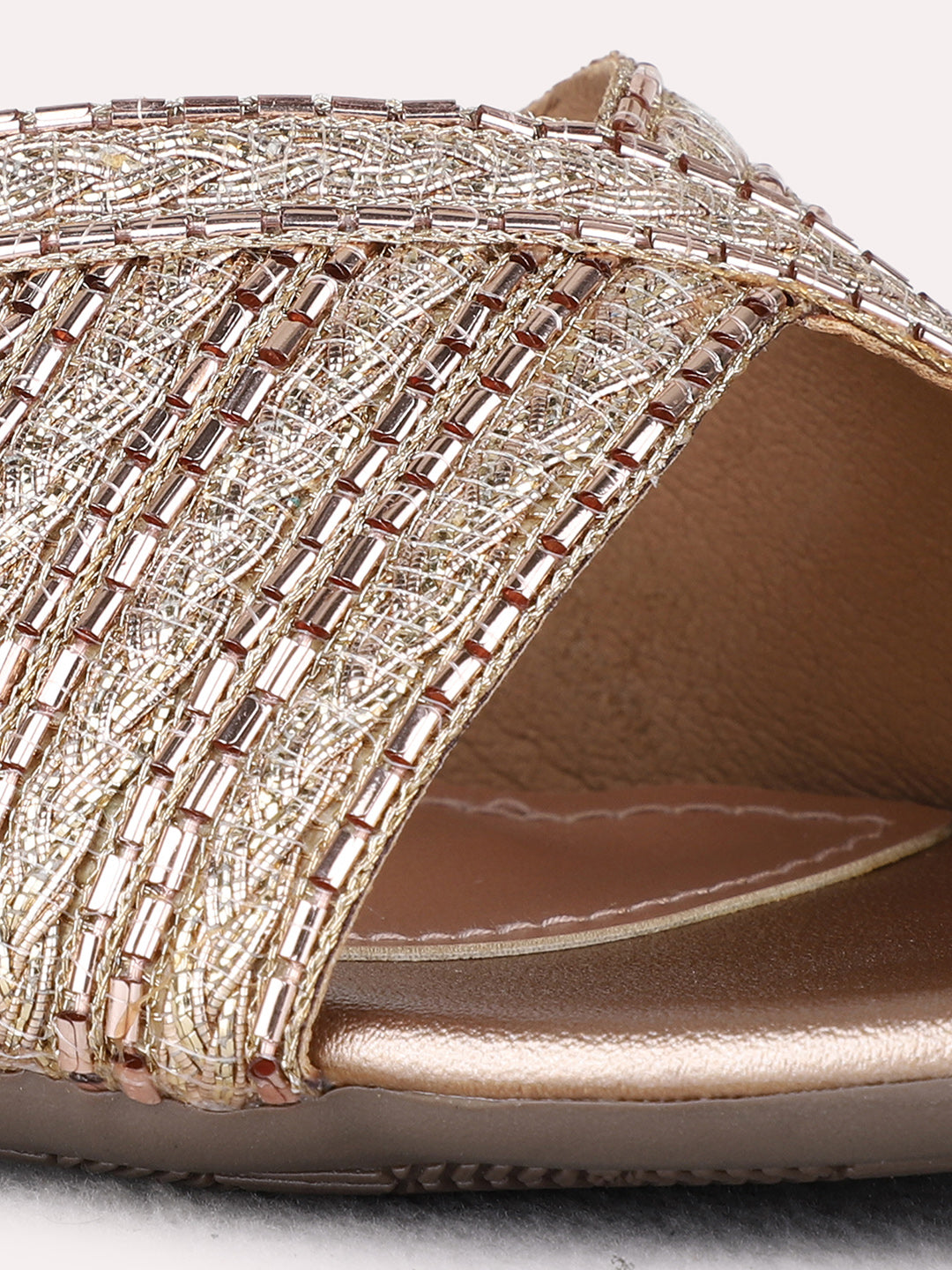 Womens Rose Gold Party Wear Embellished Round Toe Block Heel Sandals