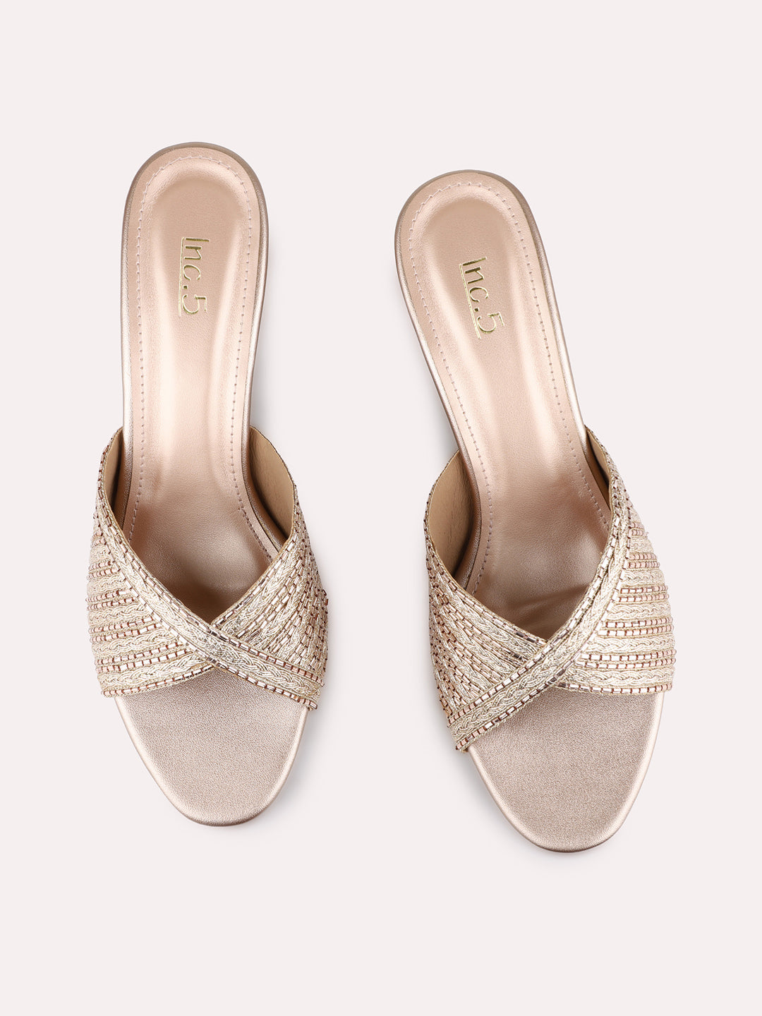 Womens Rose Gold Party Wear Embellished Round Toe Block Heel Sandals