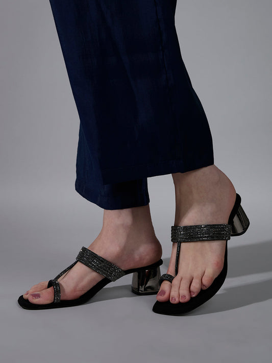 Womens Black Ethnic Wear Embellished Square Toe Block Heels