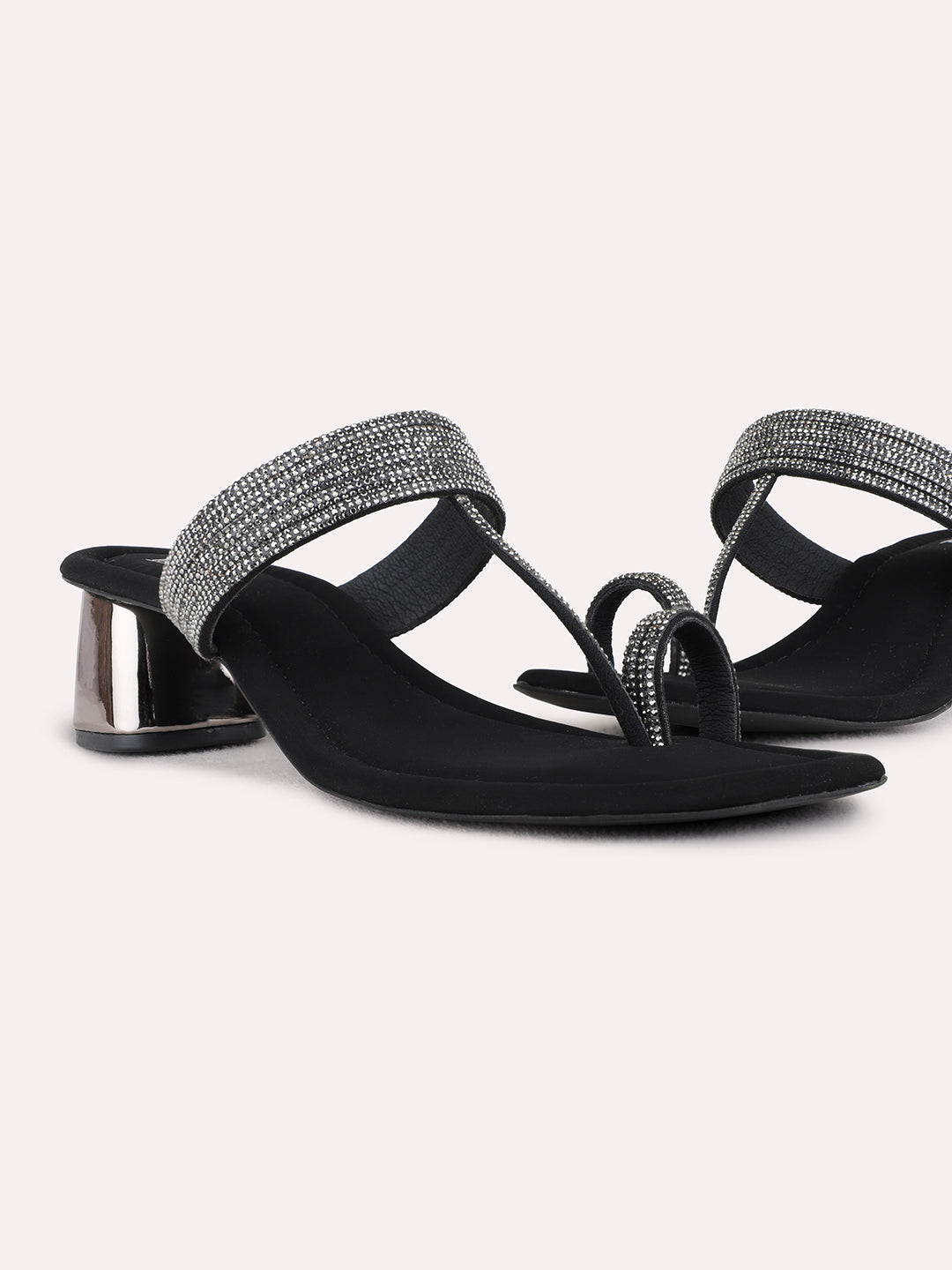 Womens Black Ethnic Wear Embellished Square Toe Block Heel Sandals