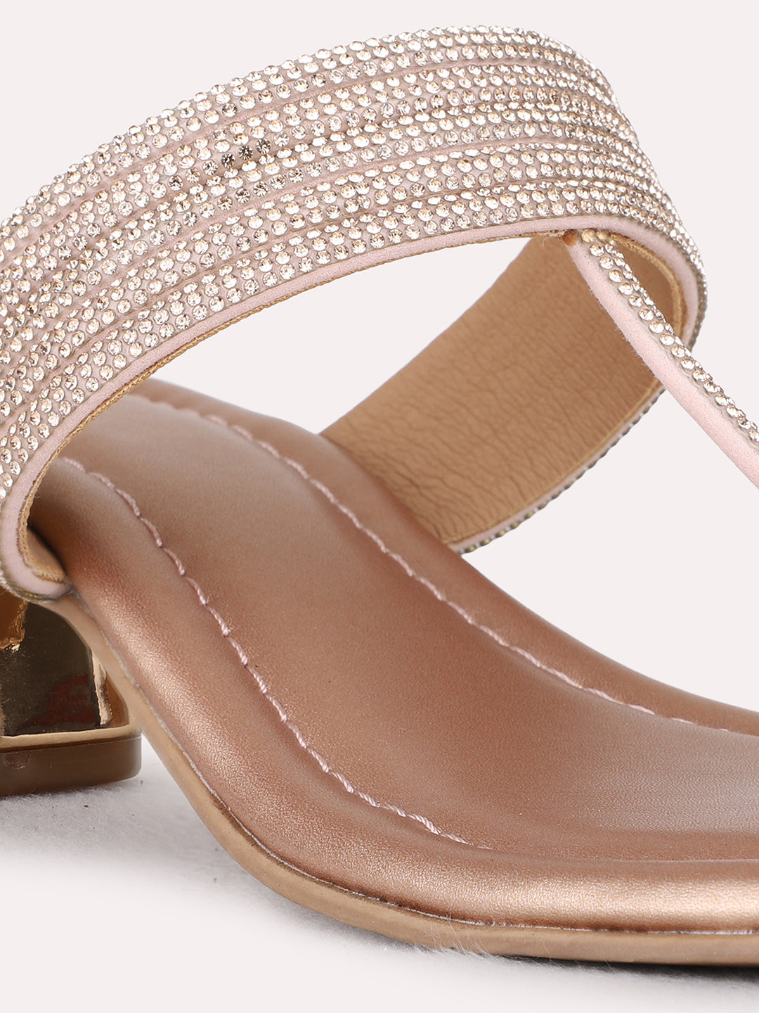 Womens Rose Gold Ethnic Wear Embellished Pattern Square Toe Block Heel Sandals