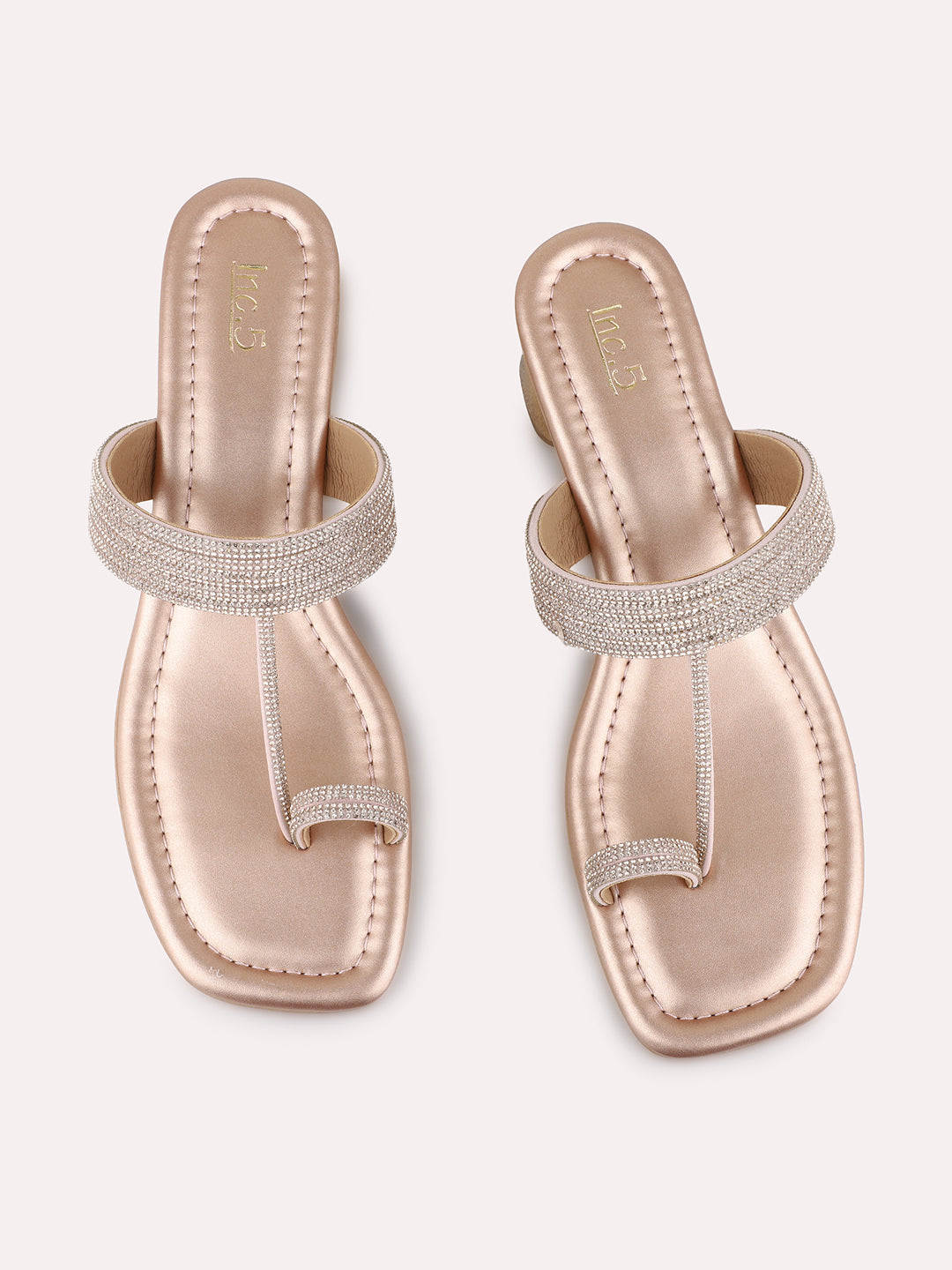 Womens Rose Gold Ethnic Wear Embellished Pattern Square Toe Block Heel Sandals