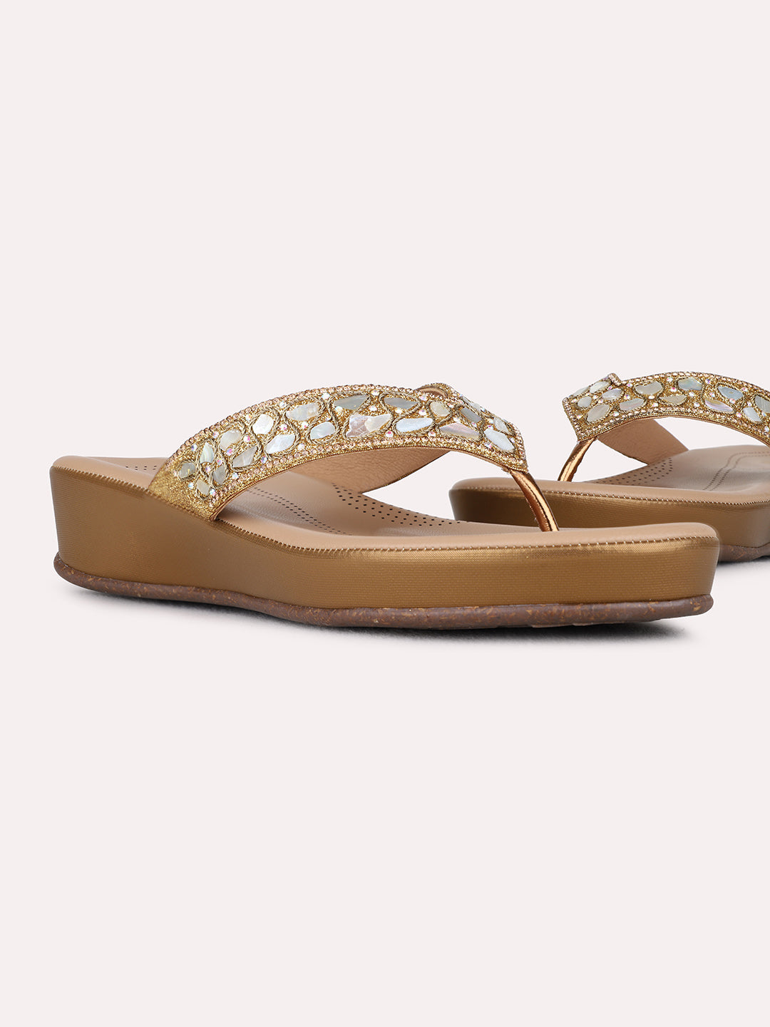 Womens Golden Party Wear Embellished Round Toe Wedge Heel Sandals