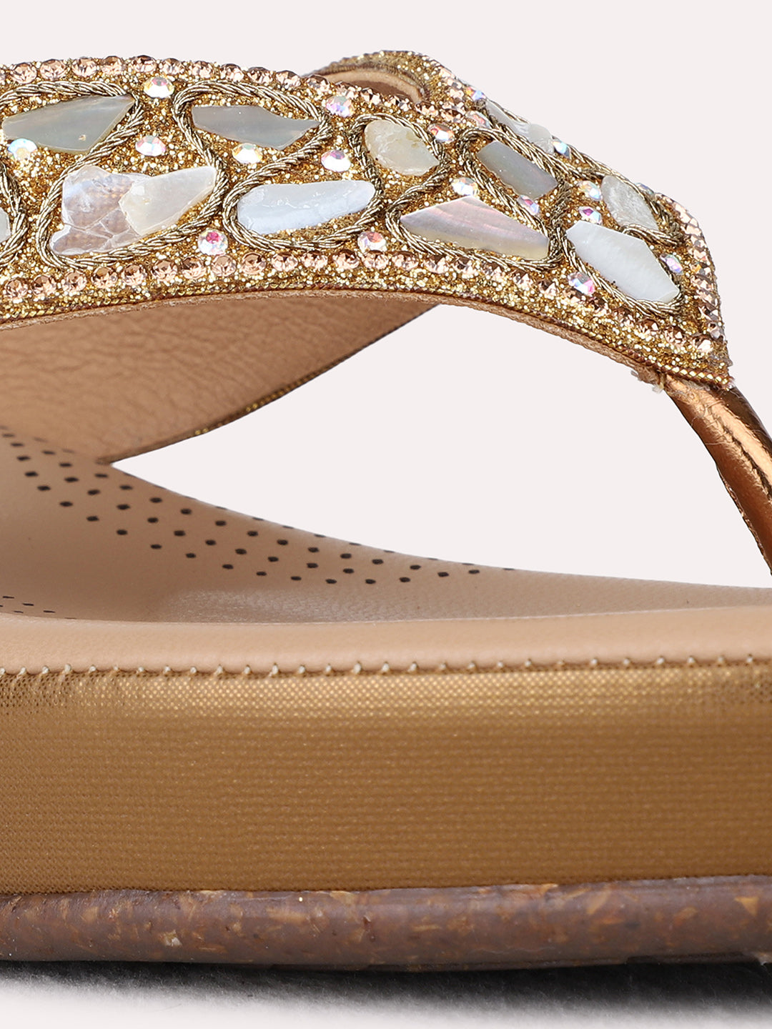 Womens Golden Party Wear Embellished Round Toe Wedge Heel Sandals