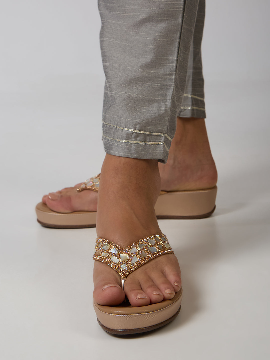 Womens Rose Gold Party Wear Embellished Round Toe Wedges