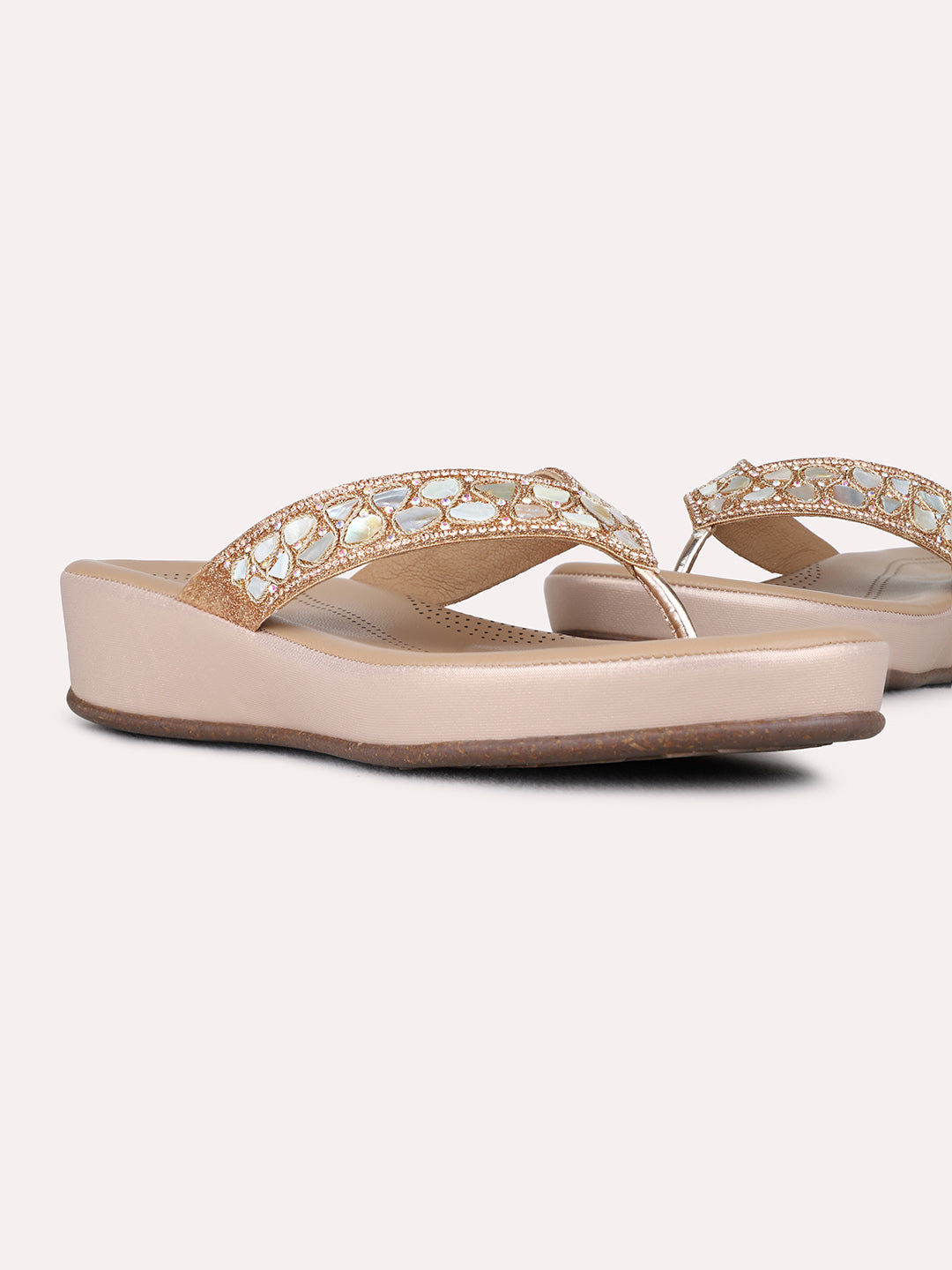 Womens Rose Gold Party Wear Embellished Round Toe Wedges