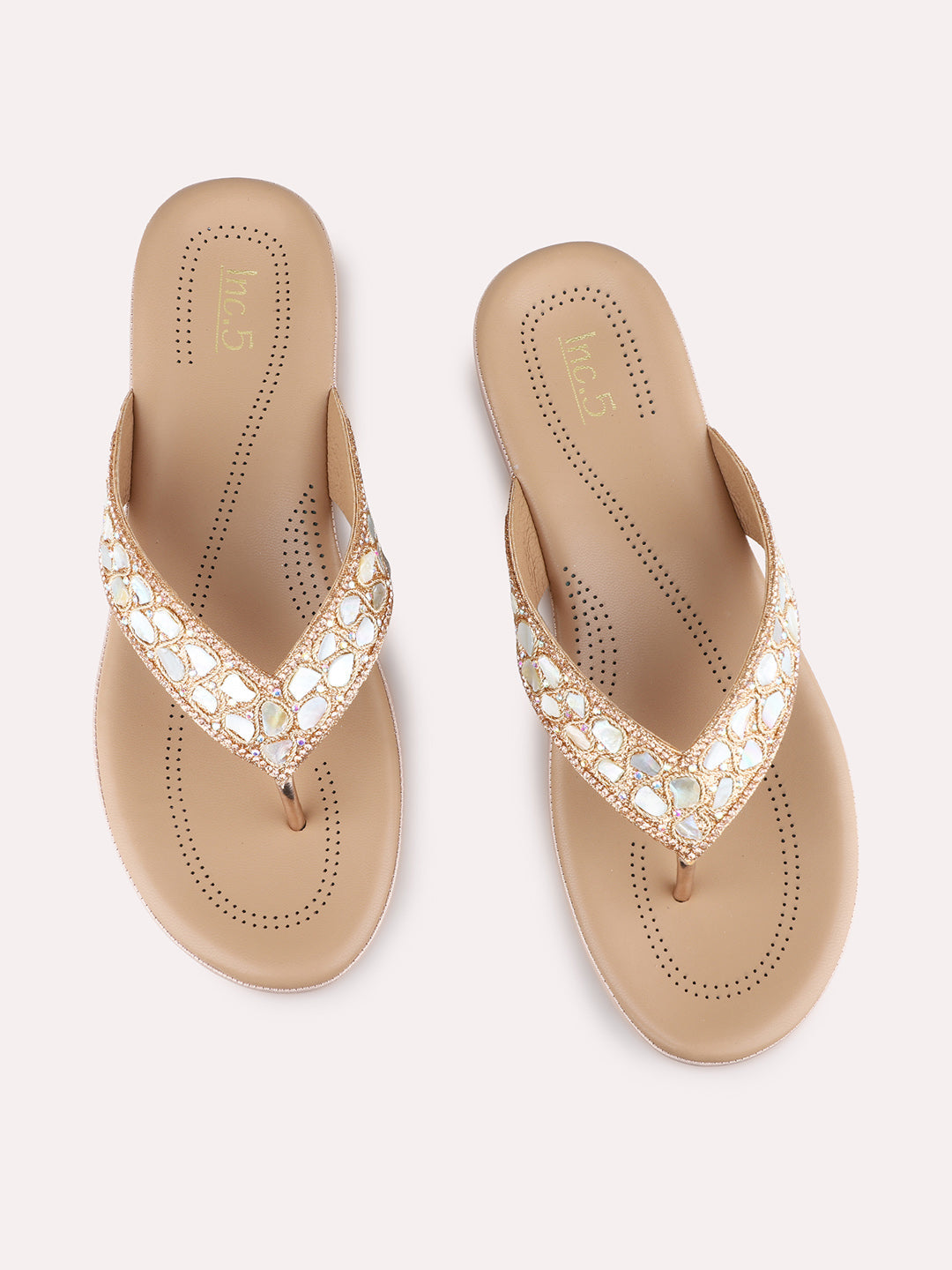 Womens Rose Gold Party Wear Embellished Round Toe Wedges