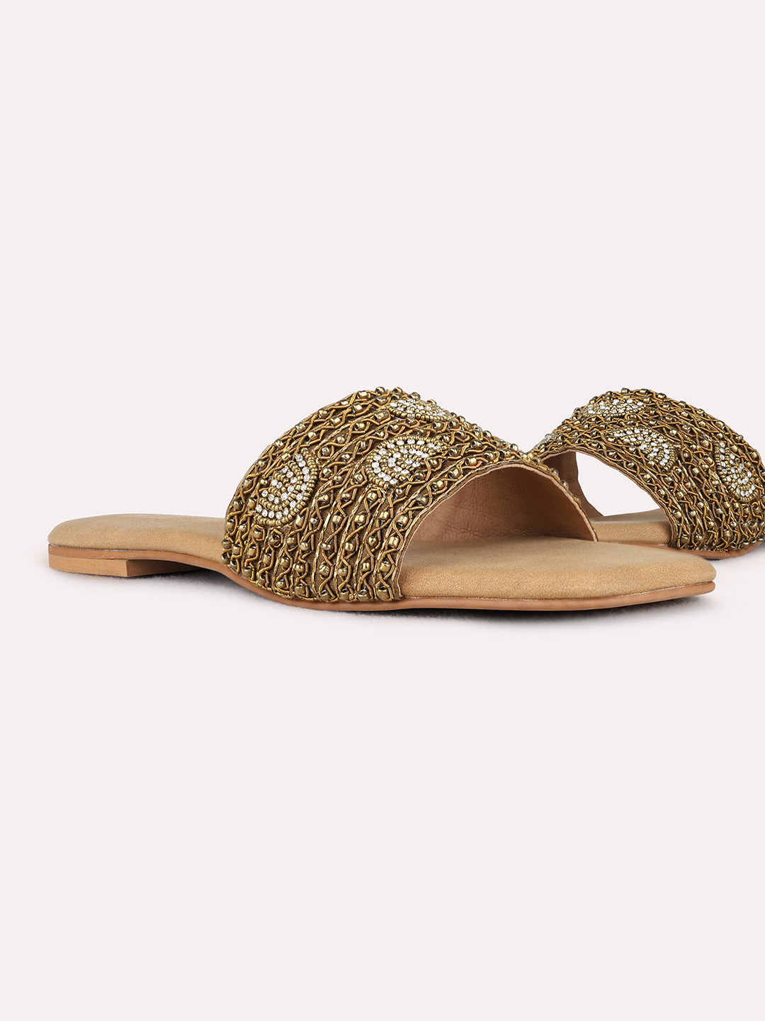 Womens Gold Casual Embellished Pattern Open Toe Flat Slip-Ons