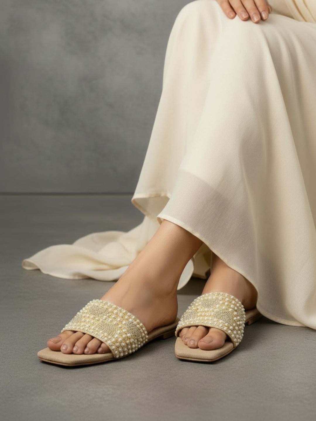 Womens Gold Casual Embellished Open Toe Flat Slip-Ons