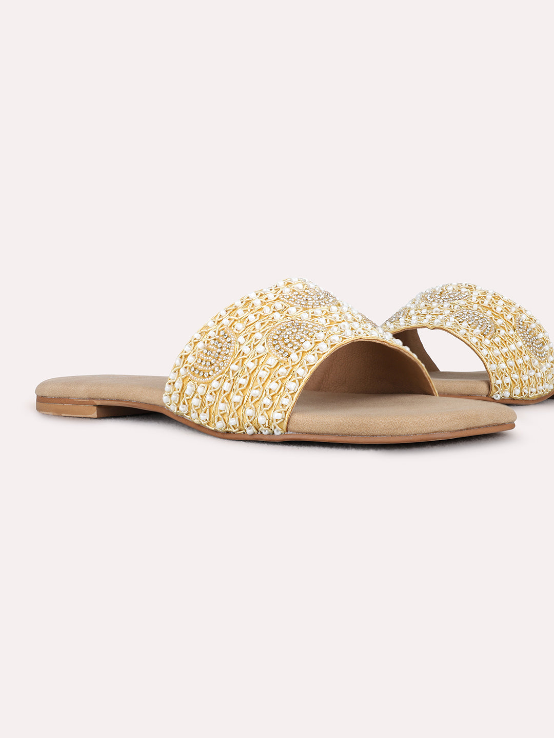 Womens Gold Casual Embellished Open Toe Flat Slip-Ons