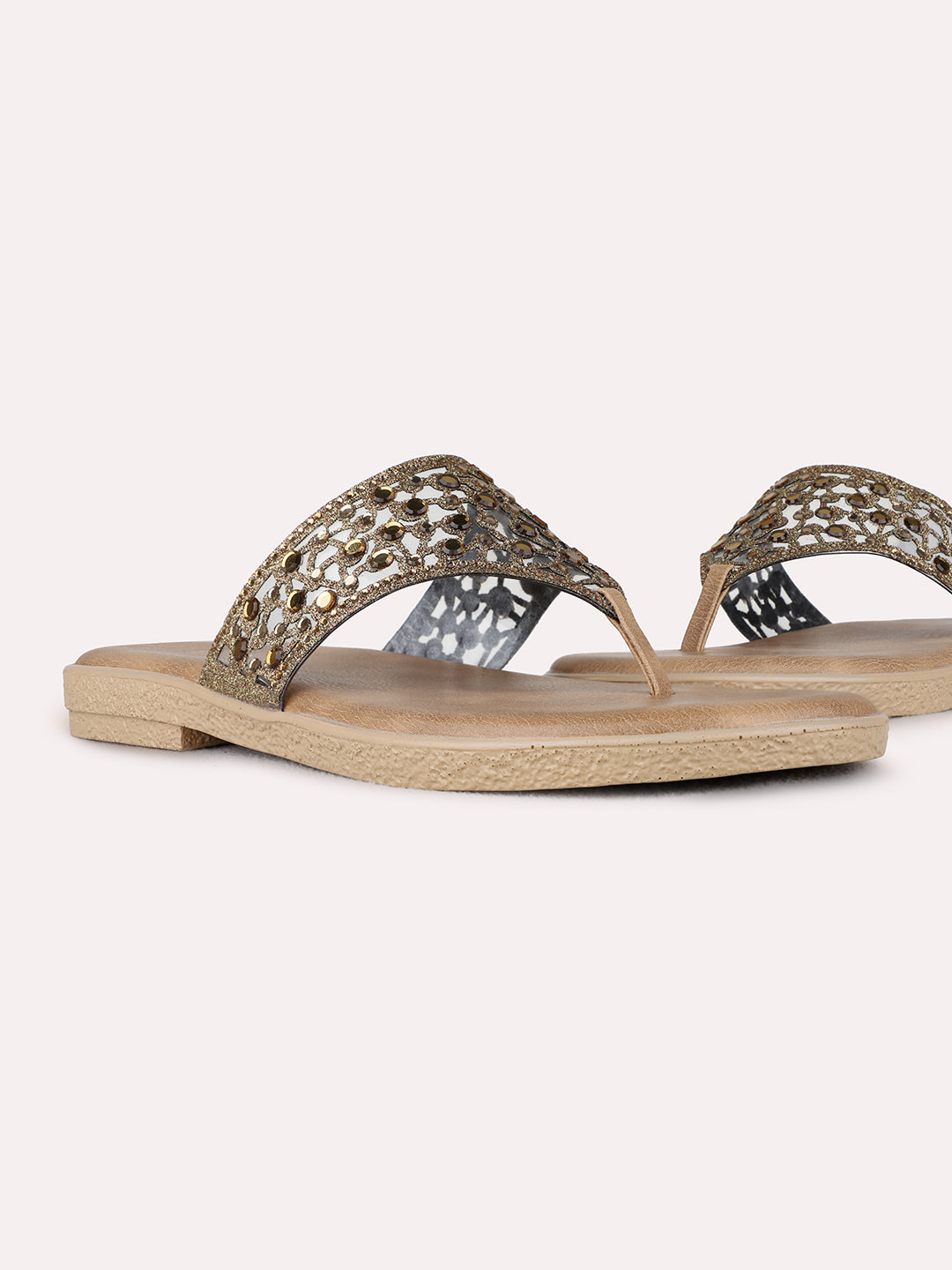 Womens Golden Casual Transparent T-Strap Flats