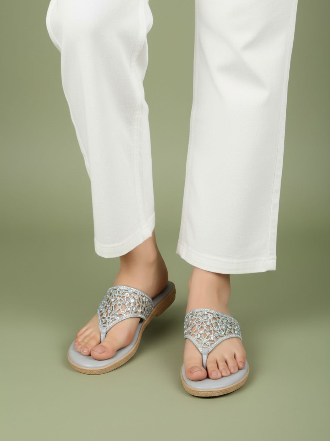 Womens Silver Casual Transparent T-Strap Flats