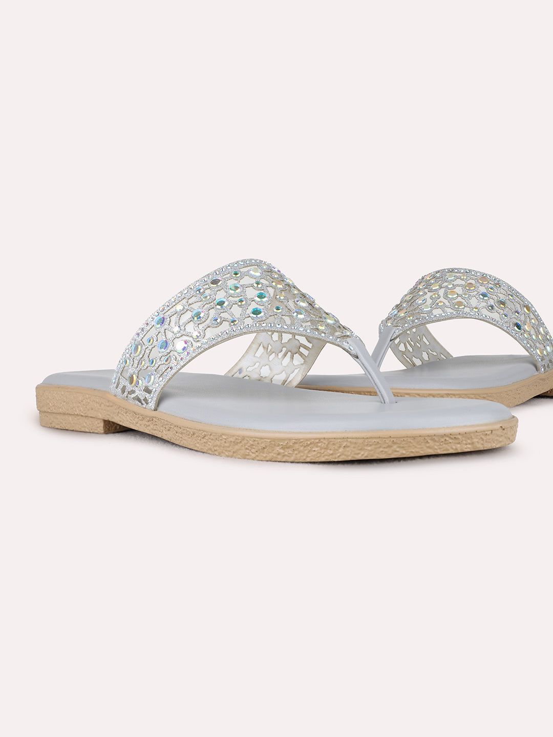Womens Silver Casual Transparent T-Strap Flats