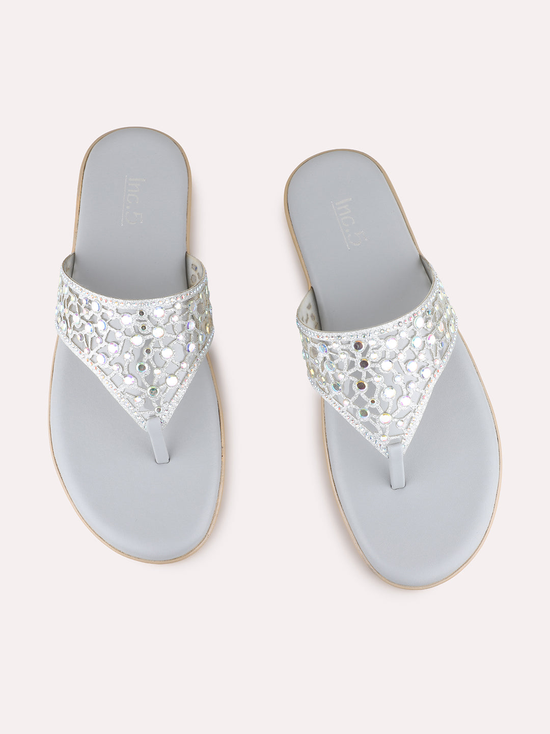 Womens Silver Casual Transparent T-Strap Flats