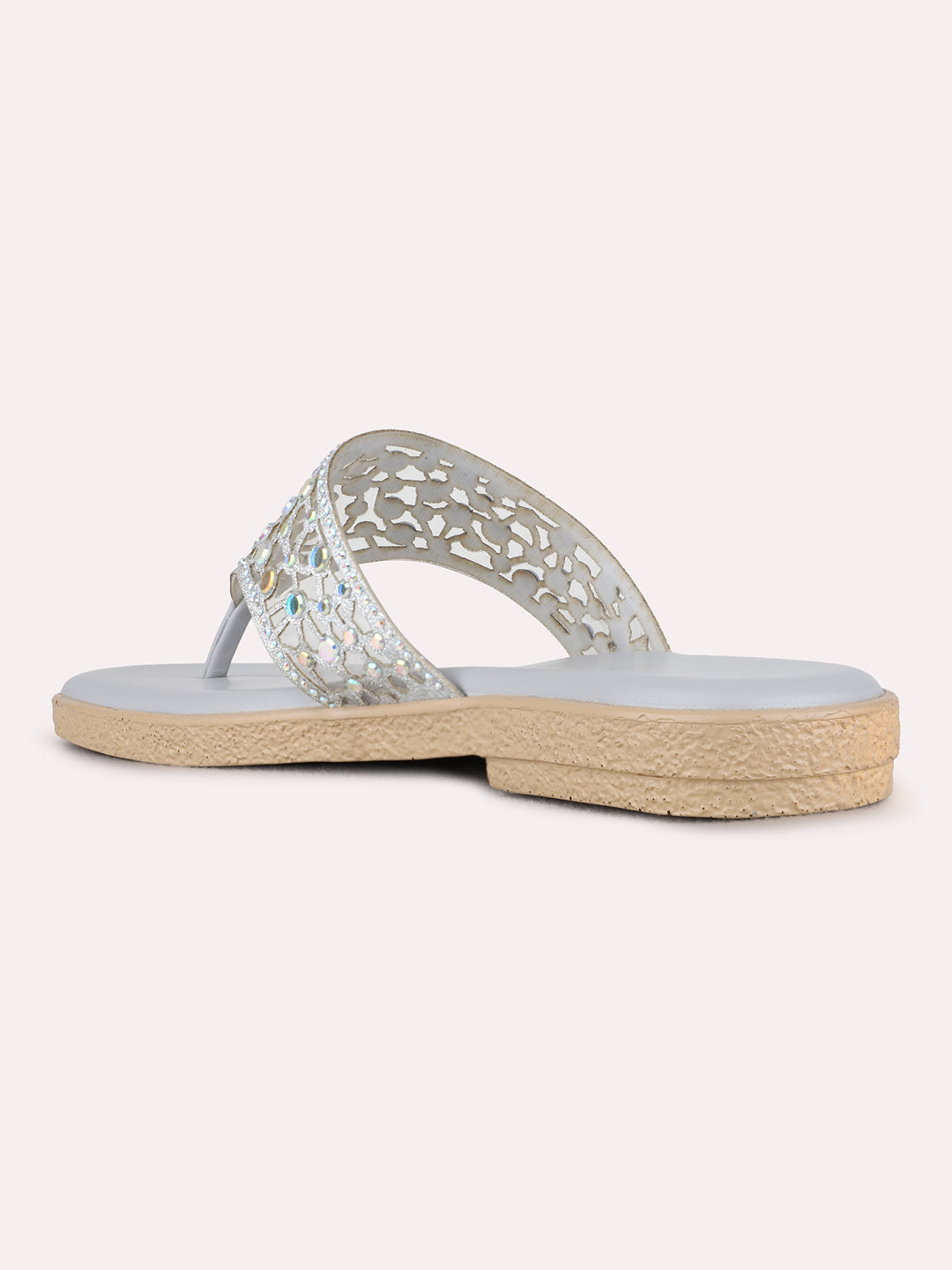 Womens Silver Casual Transparent T-Strap Flats