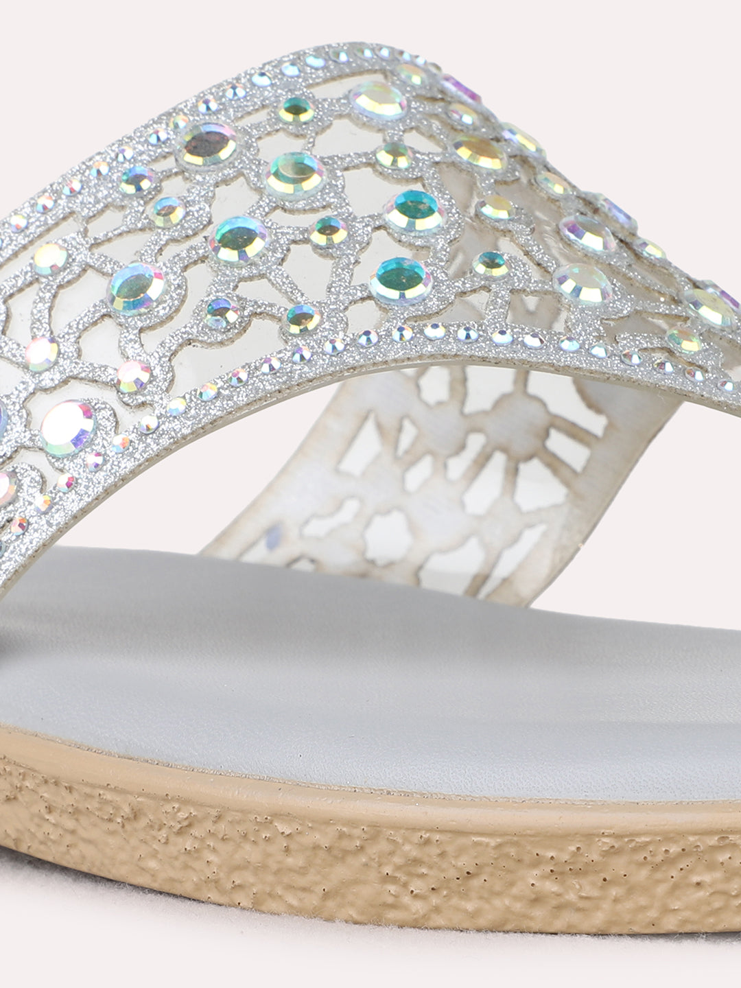 Womens Silver Casual Transparent T-Strap Flats