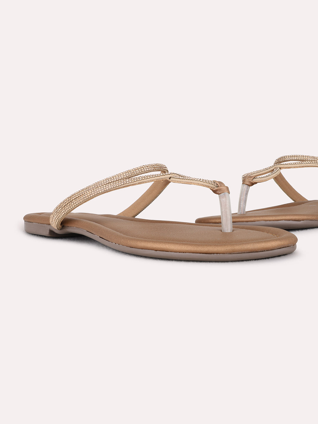 Womens Golden Casual Embellished T-Strap Flats