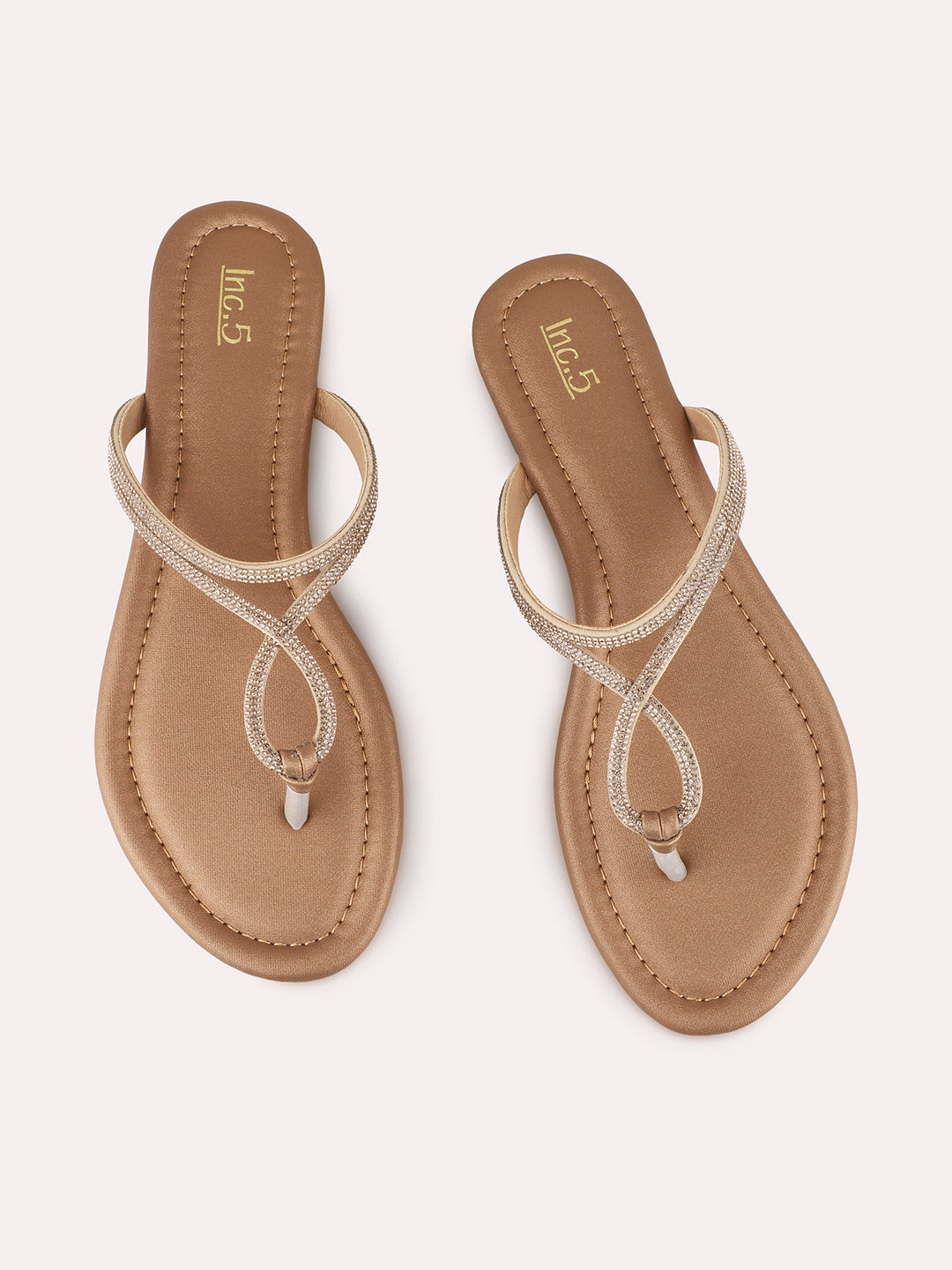 Womens Golden Casual Embellished T-Strap Flats