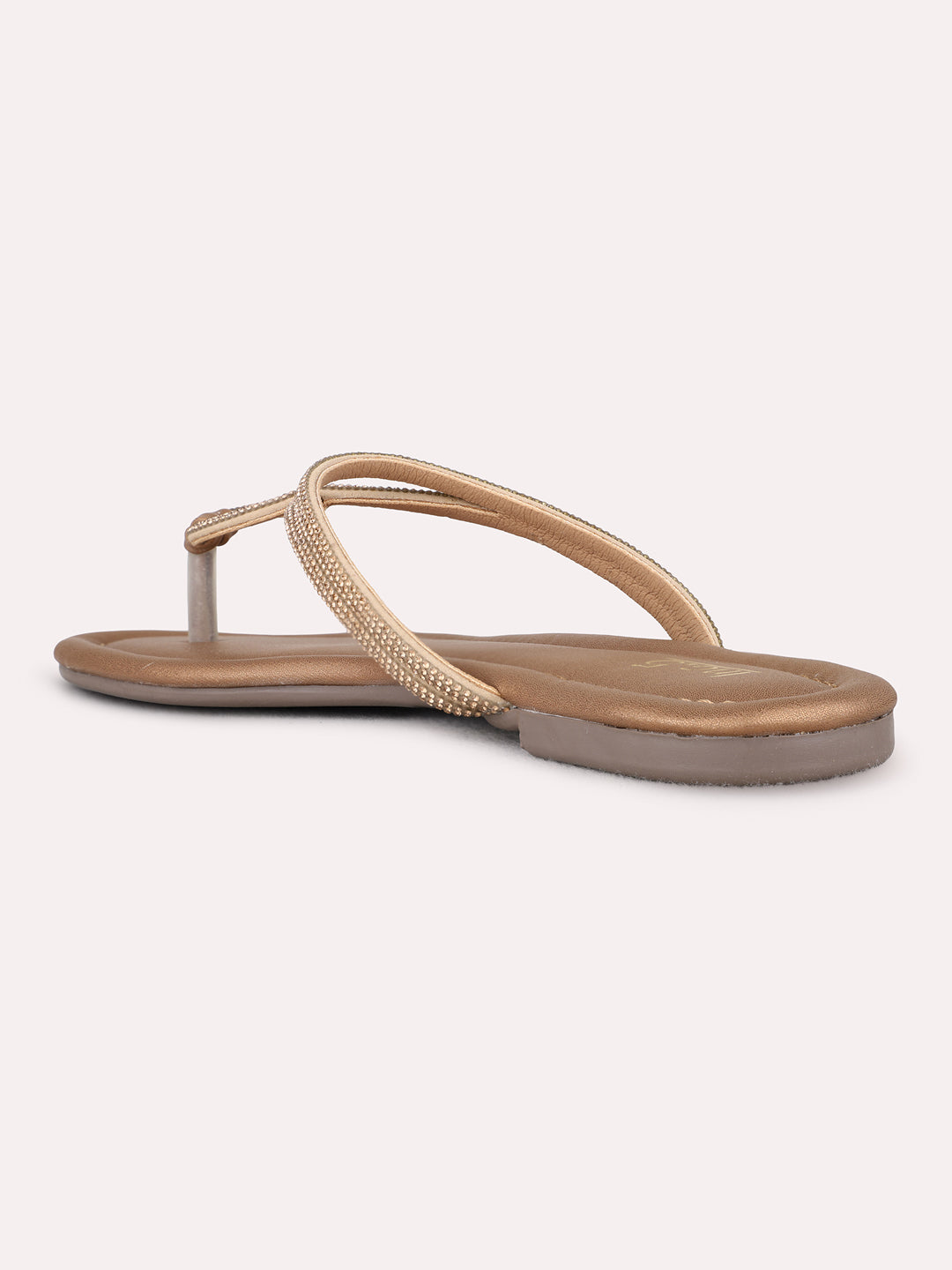 Womens Golden Casual Embellished T-Strap Flats