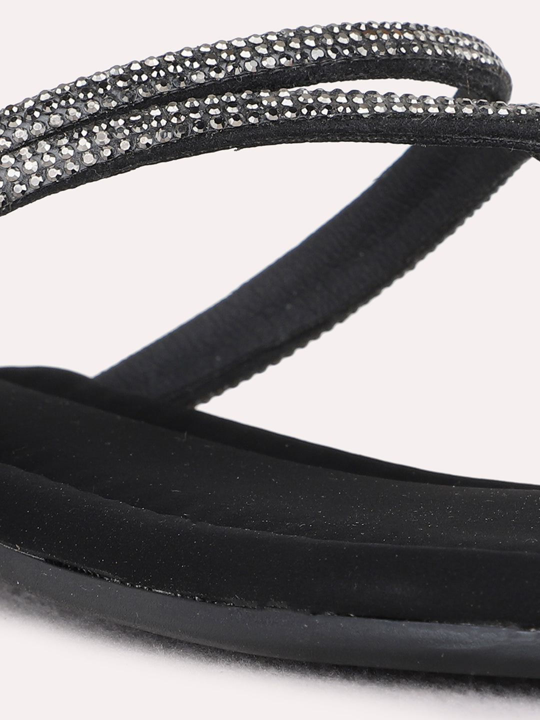 Womens Black Casual Embellished T-Strap Flat Sandals