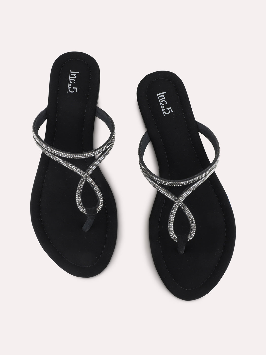 Womens Black Casual Embellished T-Strap Flat Sandals