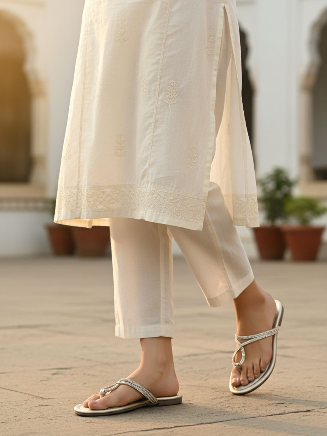 Womens Golden Ethnic Embellished Pattern T-Strap Flats
